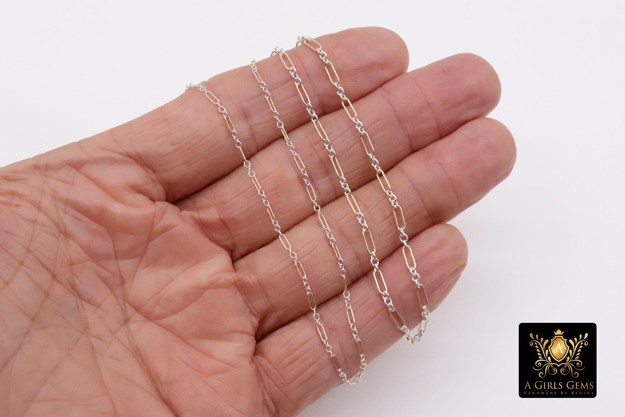 14 K Gold Filled Bar Mixed Metal Chain, 1.6 mm Two Tone 925 Sterling Silver Cable CH# 897, 4.8 mm Unfinished Long and Short