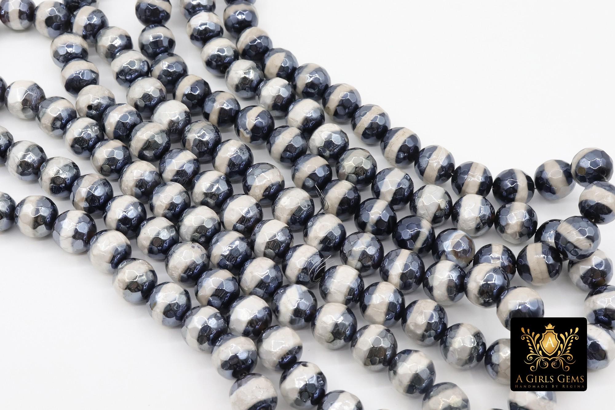 Tibetan Faceted Agate Beads, DZI Agate Black and Pearly White Stipe Color Beads BS #152, sizes 10 mm 14.5 inch FULL Strands