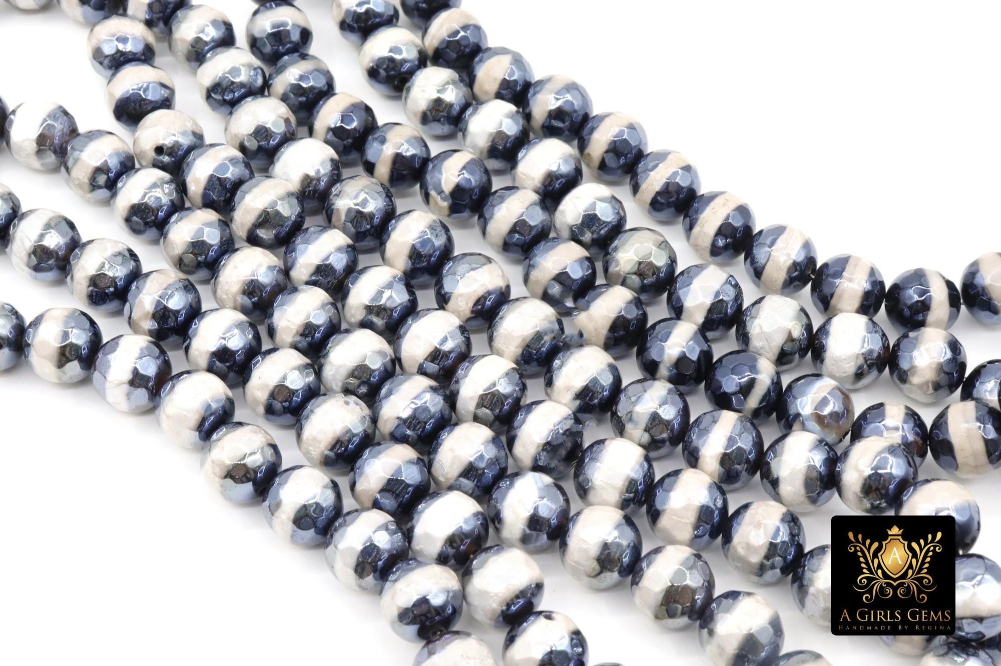 Tibetan Faceted Agate Beads, DZI Agate Black and Pearly White Stipe Color Beads BS #152, sizes 10 mm 14.5 inch FULL Strands