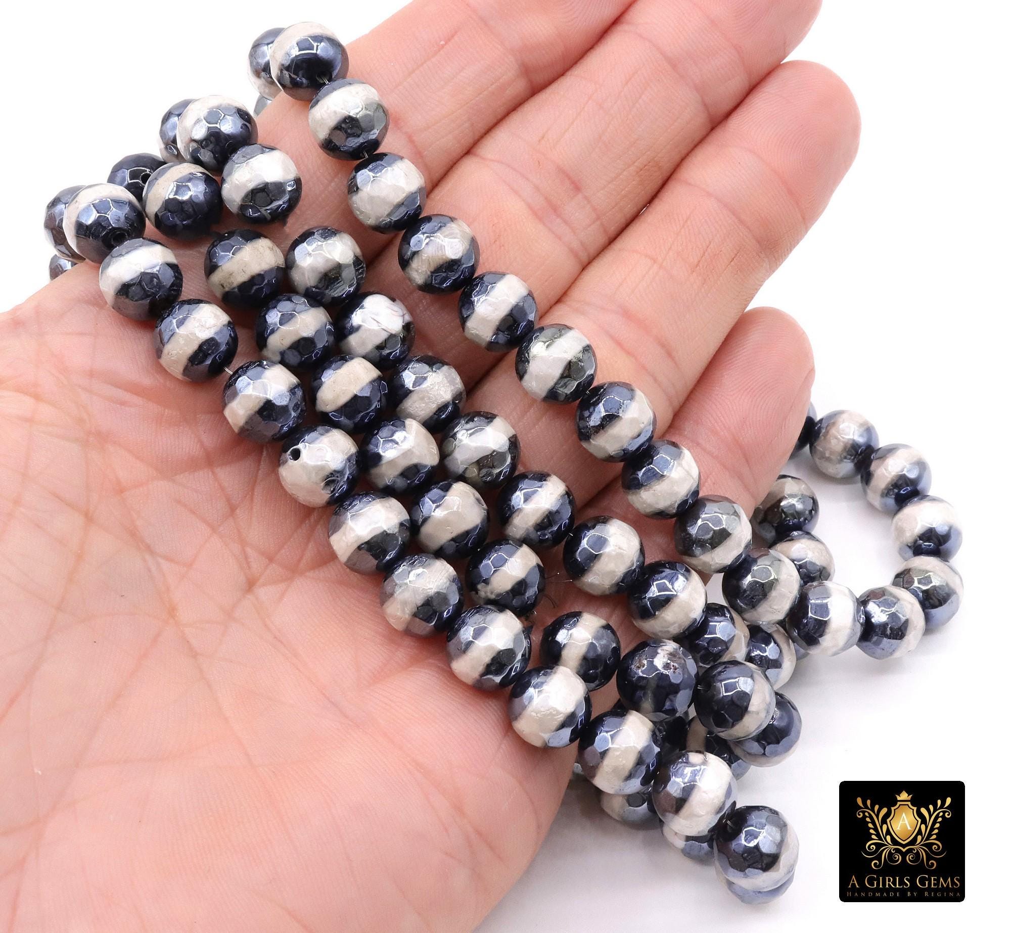 Tibetan Faceted Agate Beads, DZI Agate Black and Pearly White Stipe Color Beads BS #152, sizes 10 mm 14.5 inch FULL Strands