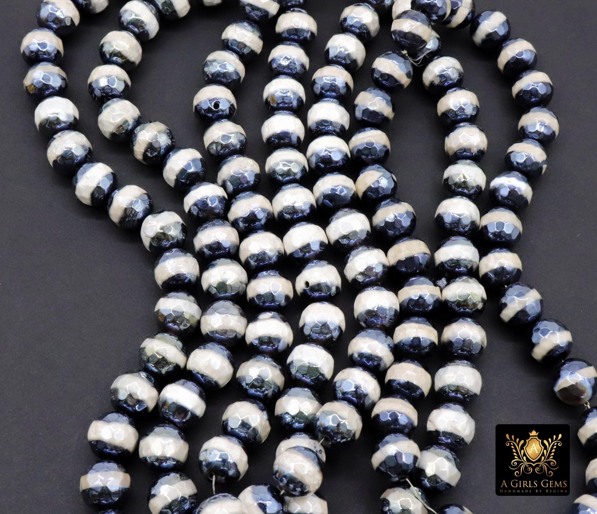 Tibetan Faceted Agate Beads, DZI Agate Black and Pearly White Stipe Color Beads BS #152, sizes 10 mm 14.5 inch FULL Strands