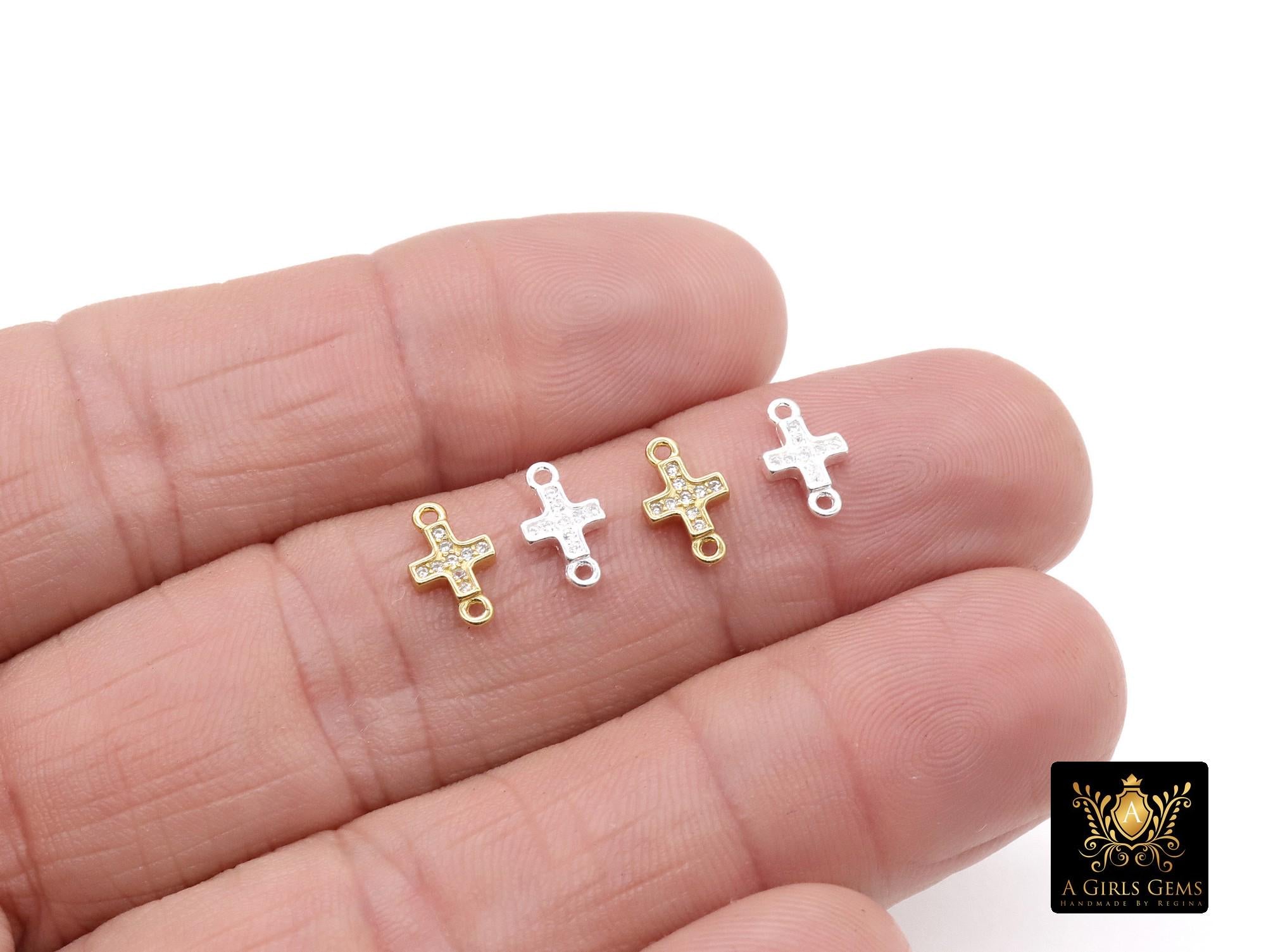 925 Sterling Silver Cross Connectors, 6 mm CZ Gold Over Silver Tiny Cubic Zirconia Crosses # 3682, Silver and Gold 10 mm Links