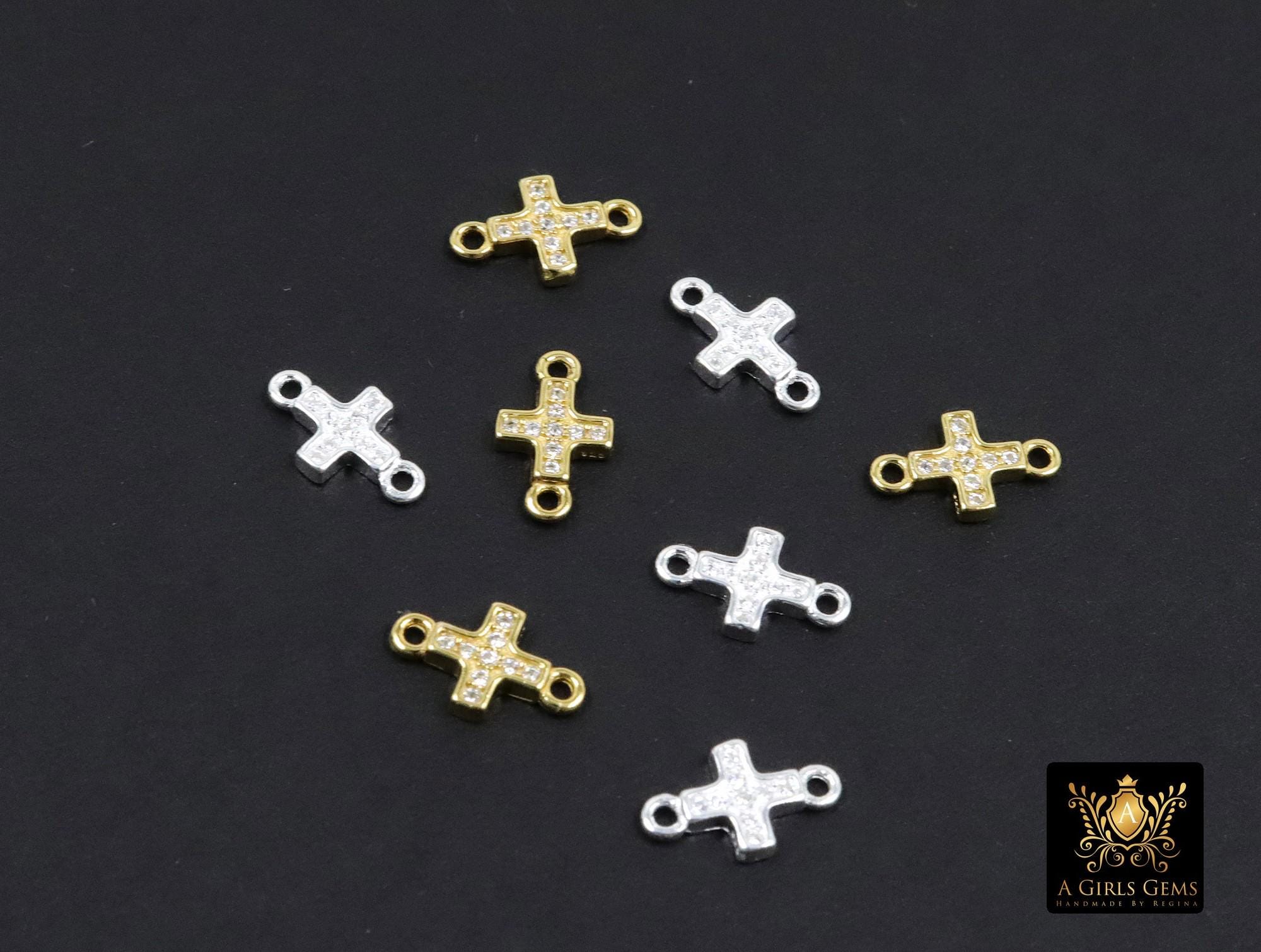 925 Sterling Silver Cross Connectors, 6 mm CZ Gold Over Silver Tiny Cubic Zirconia Crosses # 3682, Silver and Gold 10 mm Links