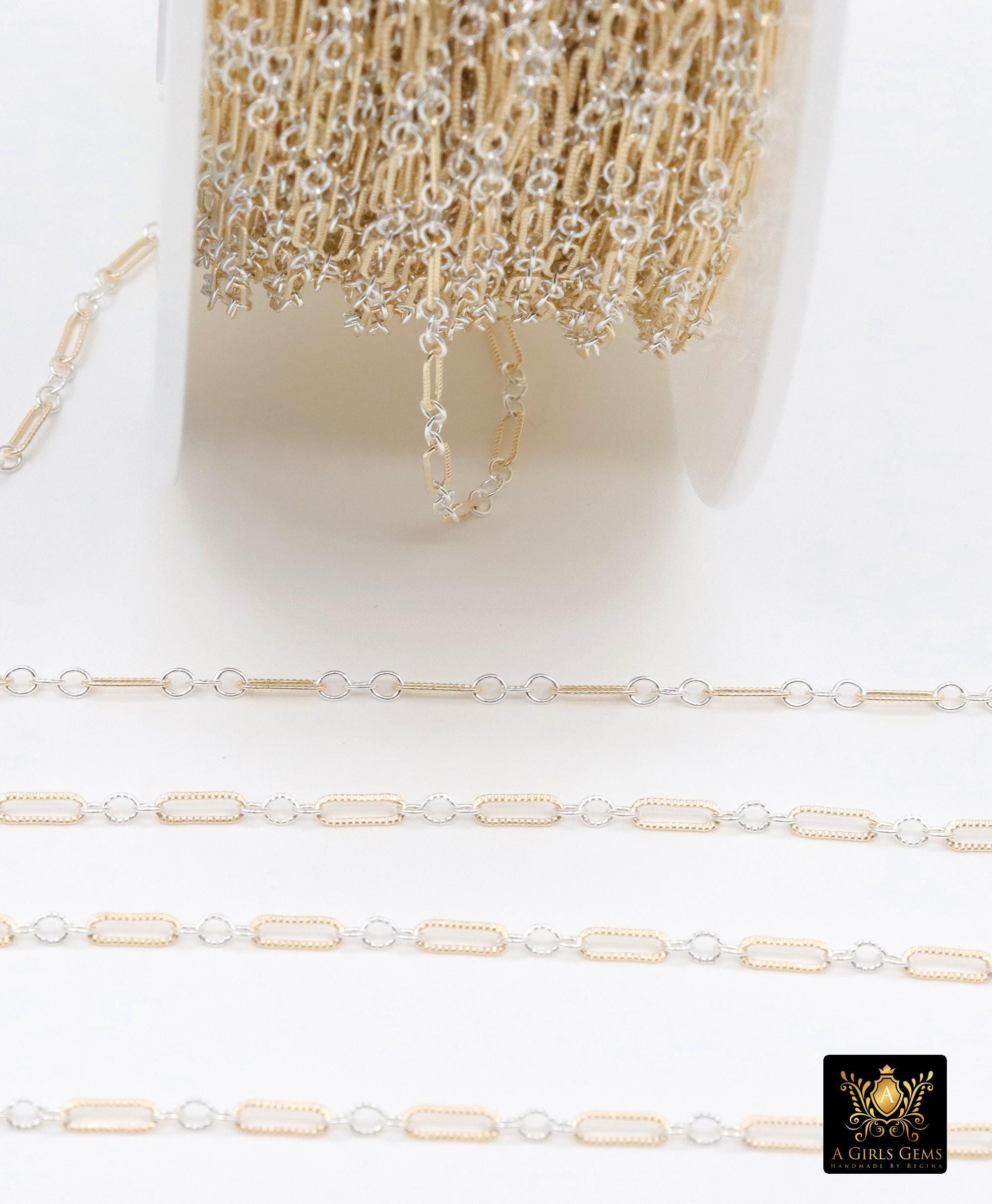 14 K Gold Filled Bar Mixed Metal Chain, 1.6 mm Corrugated Two Tone 925 Sterling Silver CH# 900, 4.8 mm Texture Long Short Chain, By the Foot