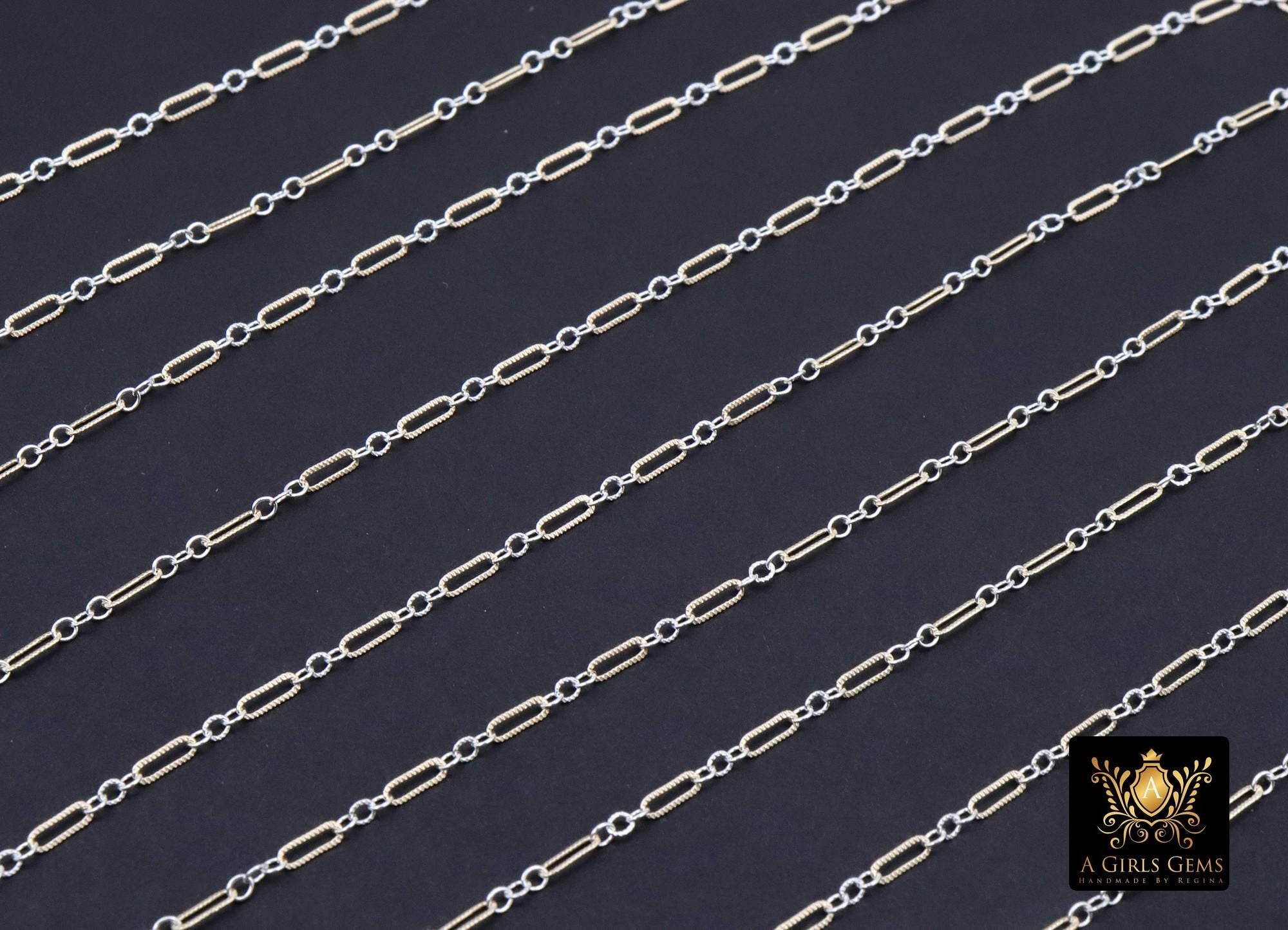 14 K Gold Filled Bar Mixed Metal Chain, 1.6 mm Corrugated Two Tone 925 Sterling Silver CH# 900, 4.8 mm Texture Long Short Chain