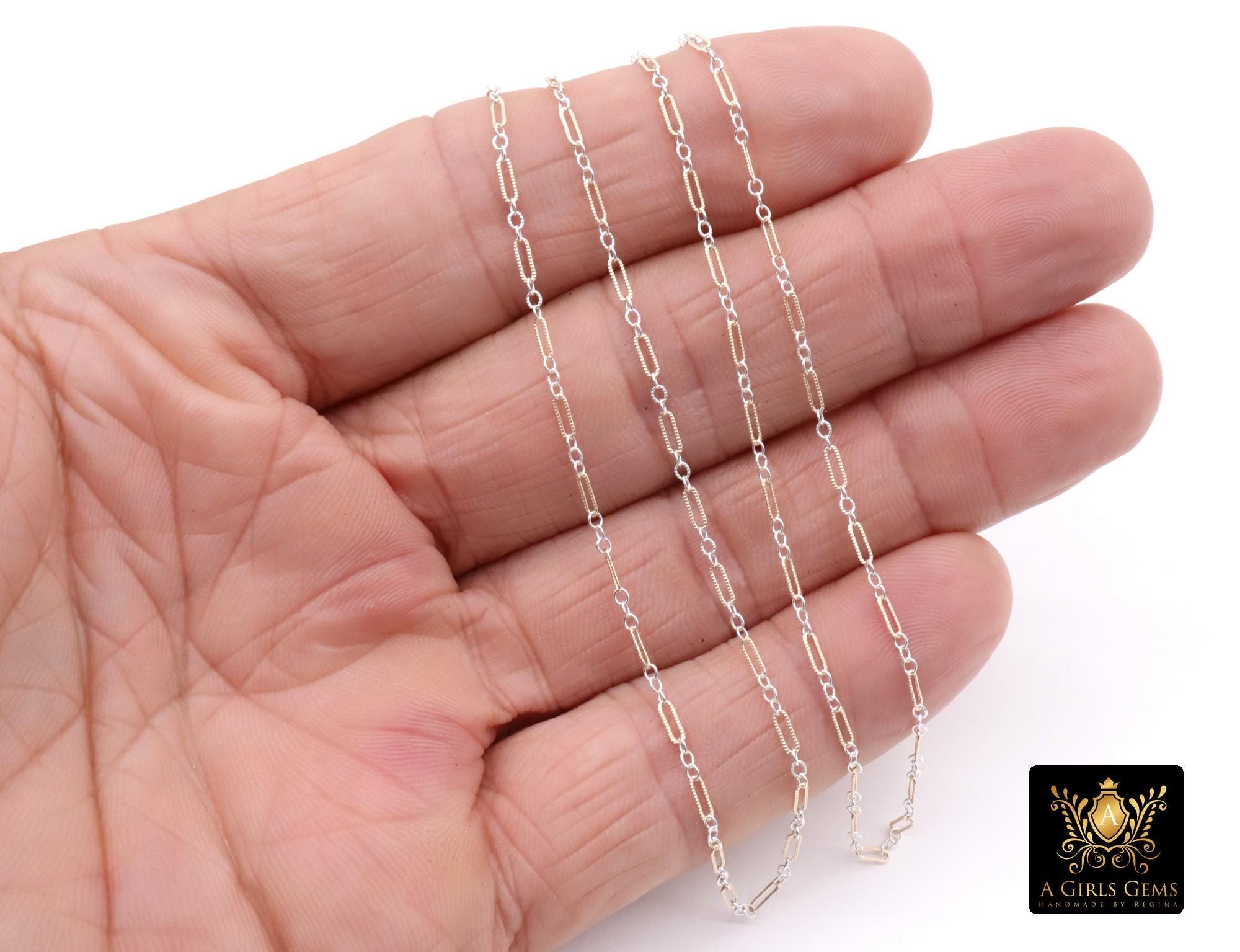 14 K Gold Filled Bar Mixed Metal Chain, 1.6 mm Corrugated Two Tone 925 Sterling Silver, 4.8 mm Texture Long Short Chain, By the Foot