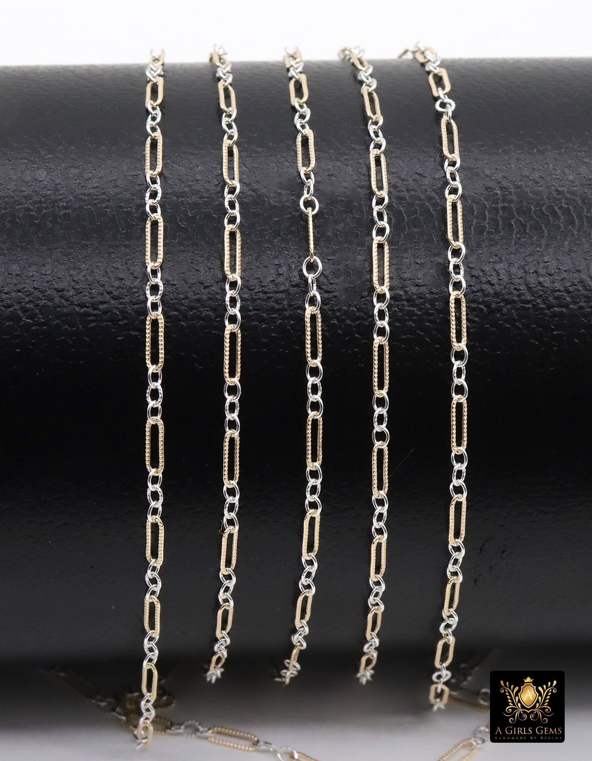 14 K Gold Filled Bar Mixed Metal Chain, 1.6 mm Corrugated Two Tone 925 Sterling Silver CH# 900, 4.8 mm Texture Long Short Chain, By the Foot