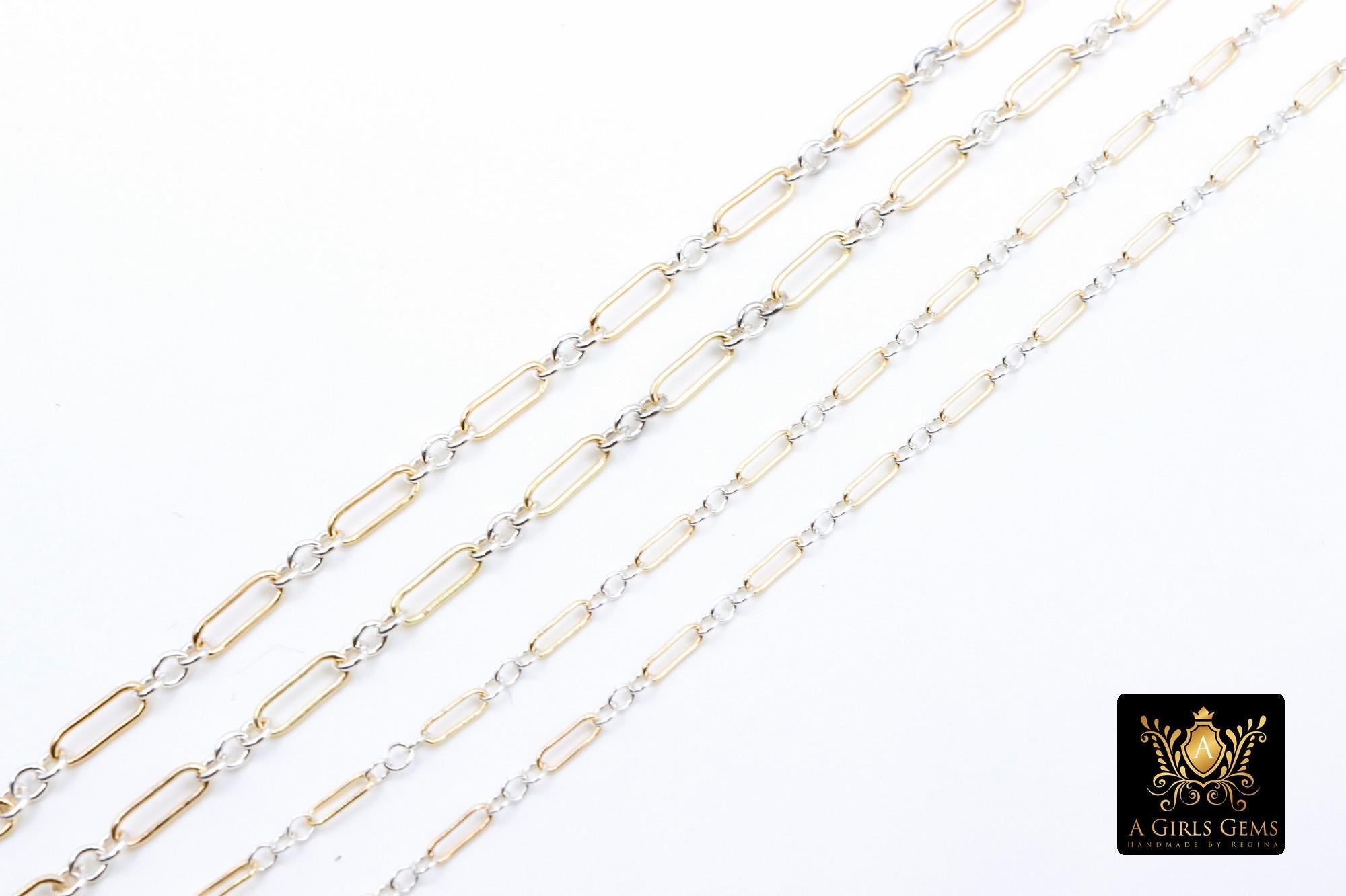 14 K Gold Filled Bar Mixed Metal Chain, 1.6 mm Two Tone 925 Sterling Silver Cable CH# 897, 4.8 mm Unfinished Long and Short