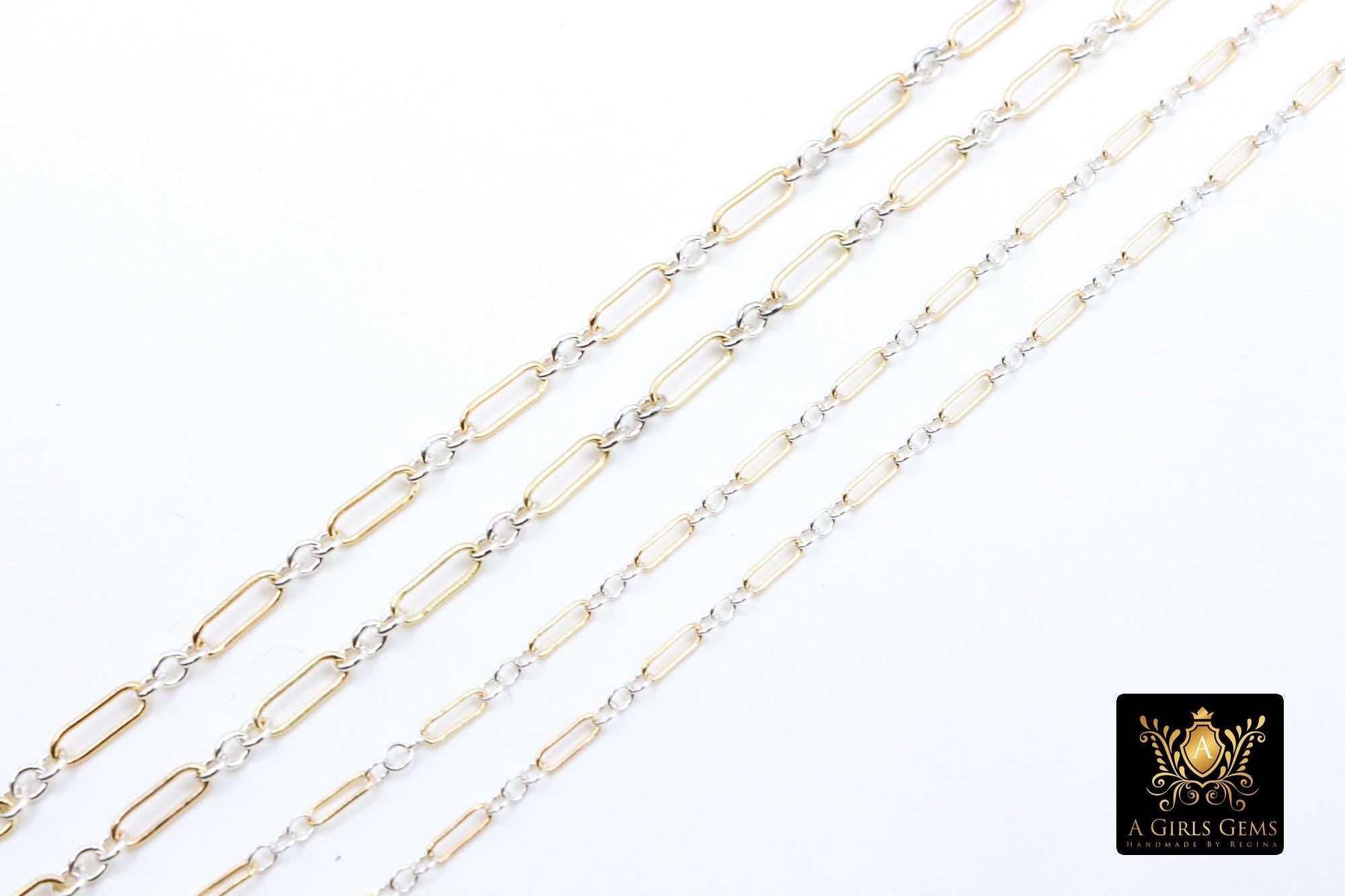 14 K Gold Filled Bar Mixed Metal Chain, 1.6 mm Two Tone 925 Sterling Silver Cable CH# 897, 4.8 mm or 6.5mm