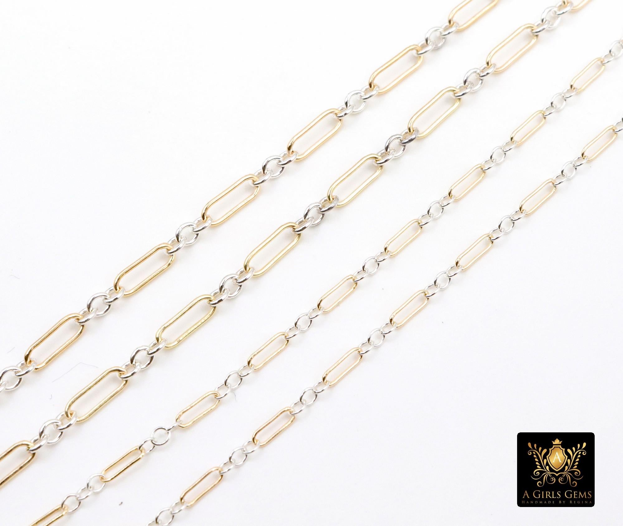 14 K Gold Filled Bar Mixed Metal Chain, 1.6 mm Two Tone 925 Sterling Silver Cable, 4.8 mm Unfinished Long and Short, By the Foot, 2 mm x 6.5 mm Rolo Chains