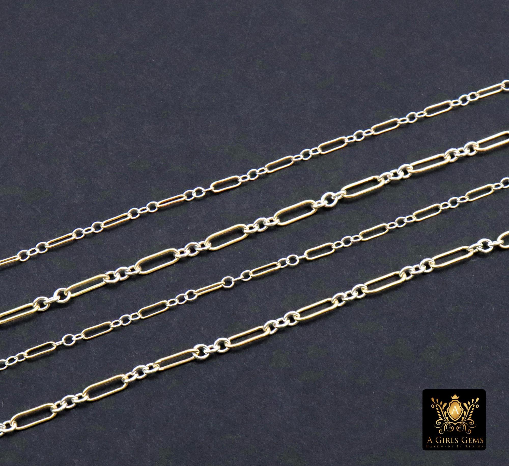 14 K Gold Filled Bar Mixed Metal Chain, 1.6 mm Two Tone 925 Sterling Silver Cable CH# 897, 4.8 mm Unfinished Long and Short