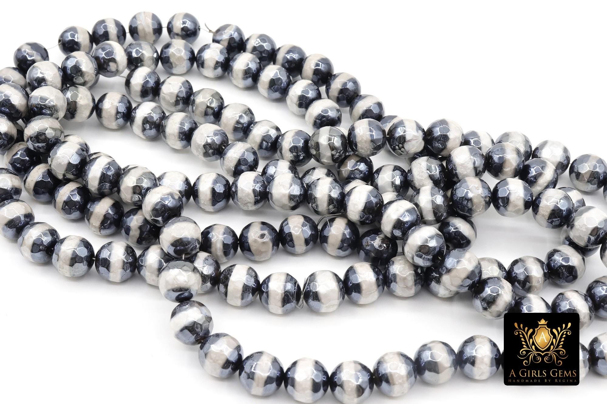 Tibetan Faceted Agate Beads, DZI Agate Black and Pearly White Stipe Color Beads BS #152, sizes 10 mm 14.5 inch FULL Strands