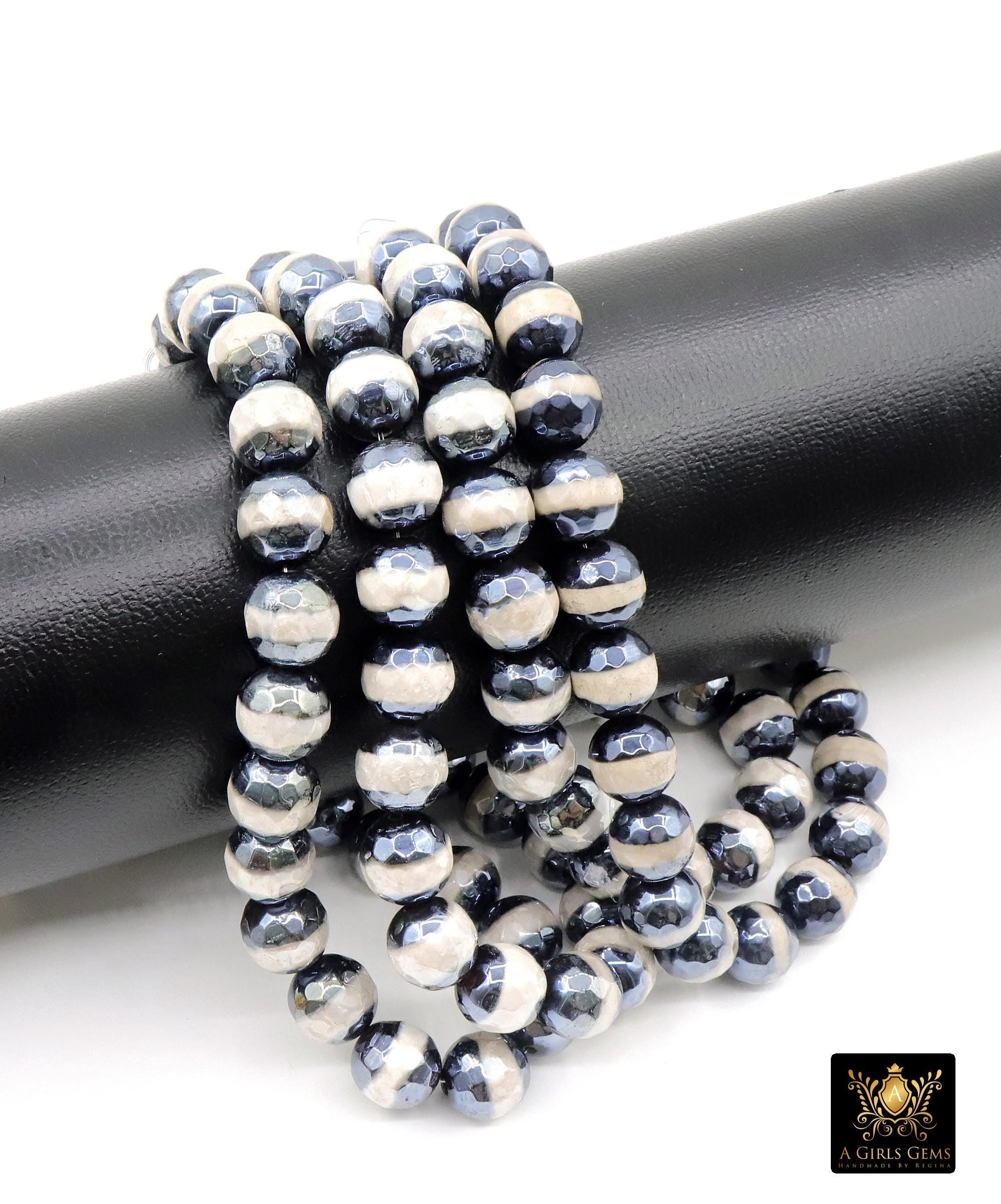 Tibetan Faceted Agate Beads, DZI Agate Black and Pearly White Stipe Color Beads BS #152, sizes 10 mm 14.5 inch FULL Strands