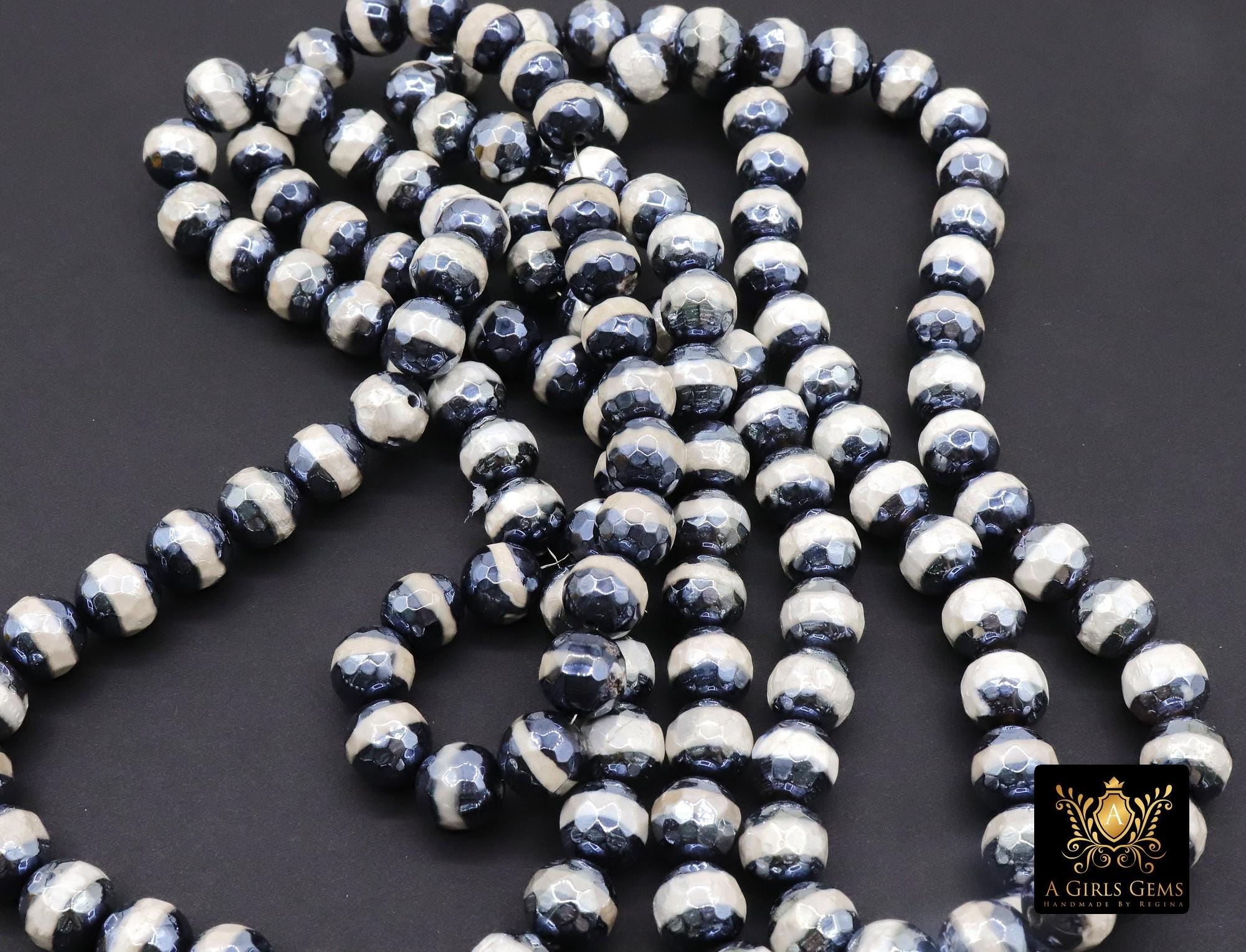 Tibetan Faceted Agate Beads, DZI Agate Black and Pearly White Stipe Color Beads BS #152, sizes 10 mm 14.5 inch FULL Strands