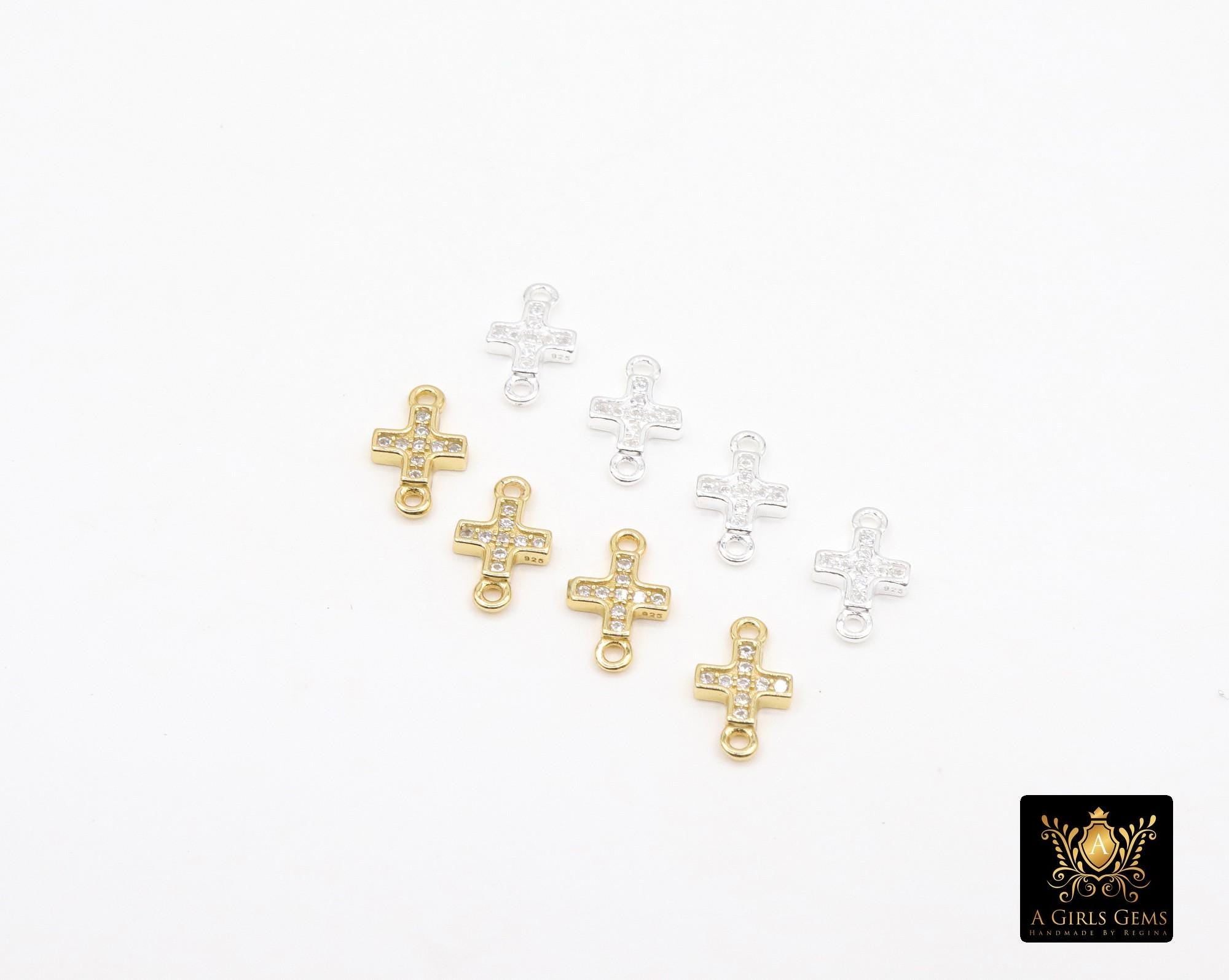 925 Sterling Silver Cross Connectors, 6 mm CZ Gold Over Silver Tiny Cubic Zirconia Crosses # 3682, Silver and Gold 10 mm Links