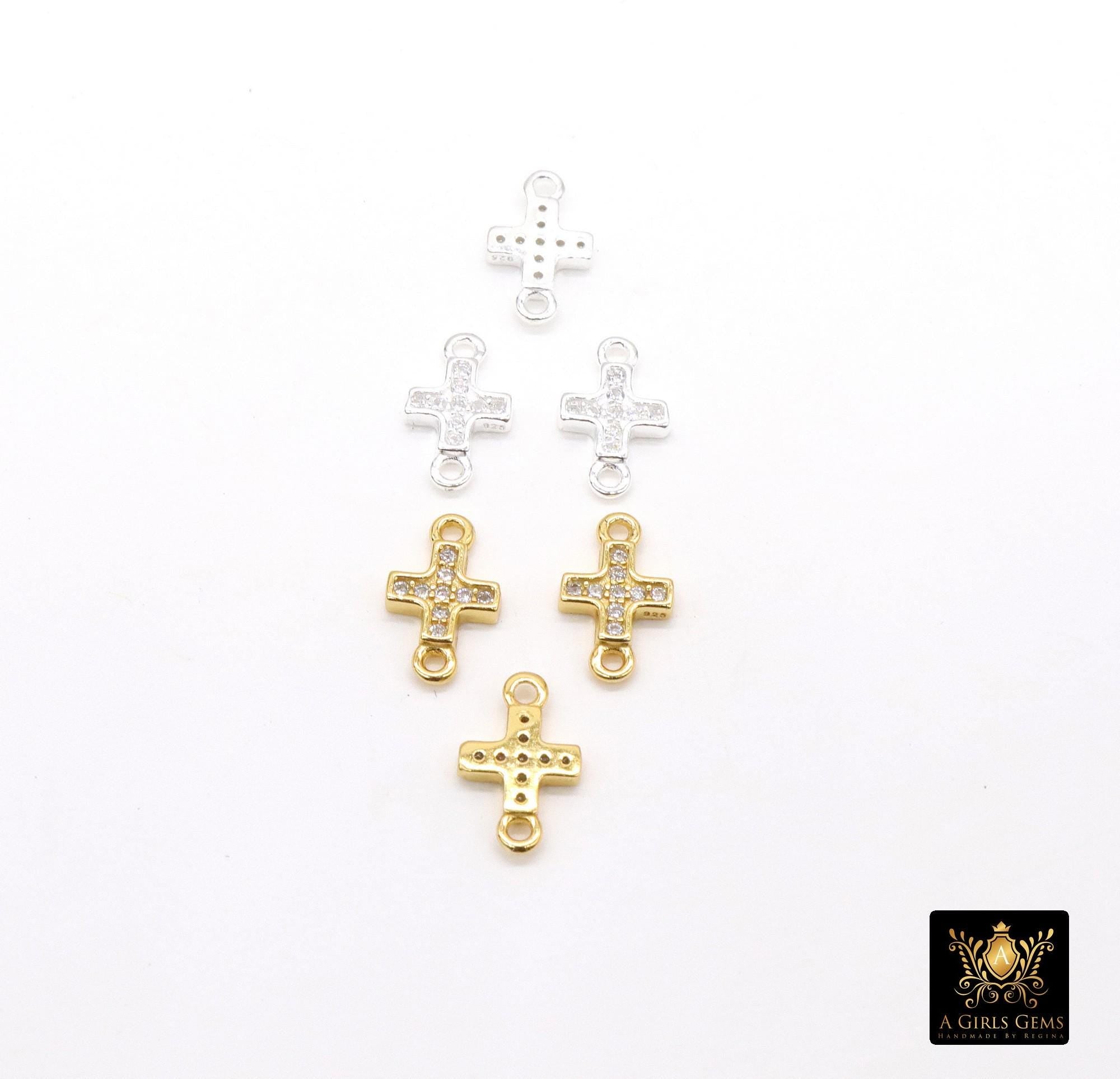 925 Sterling Silver Cross Connectors, 6 mm CZ Gold Over Silver Tiny Cubic Zirconia Crosses # 3682, Silver and Gold 10 mm Links