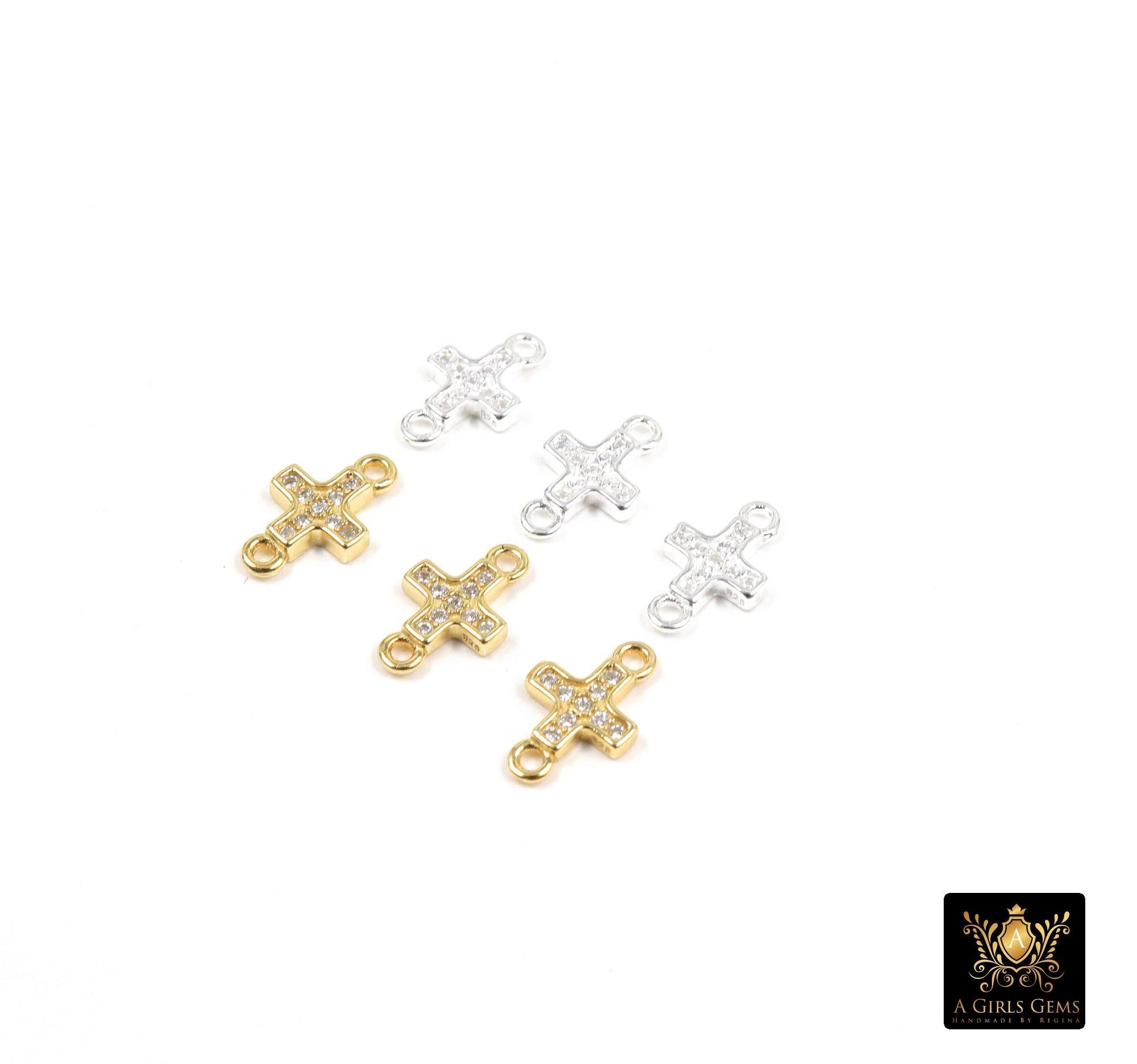 925 Sterling Silver Cross Connectors, 6 mm CZ Gold Over Silver Tiny Cubic Zirconia Crosses # 3682, Silver and Gold 10 mm Links