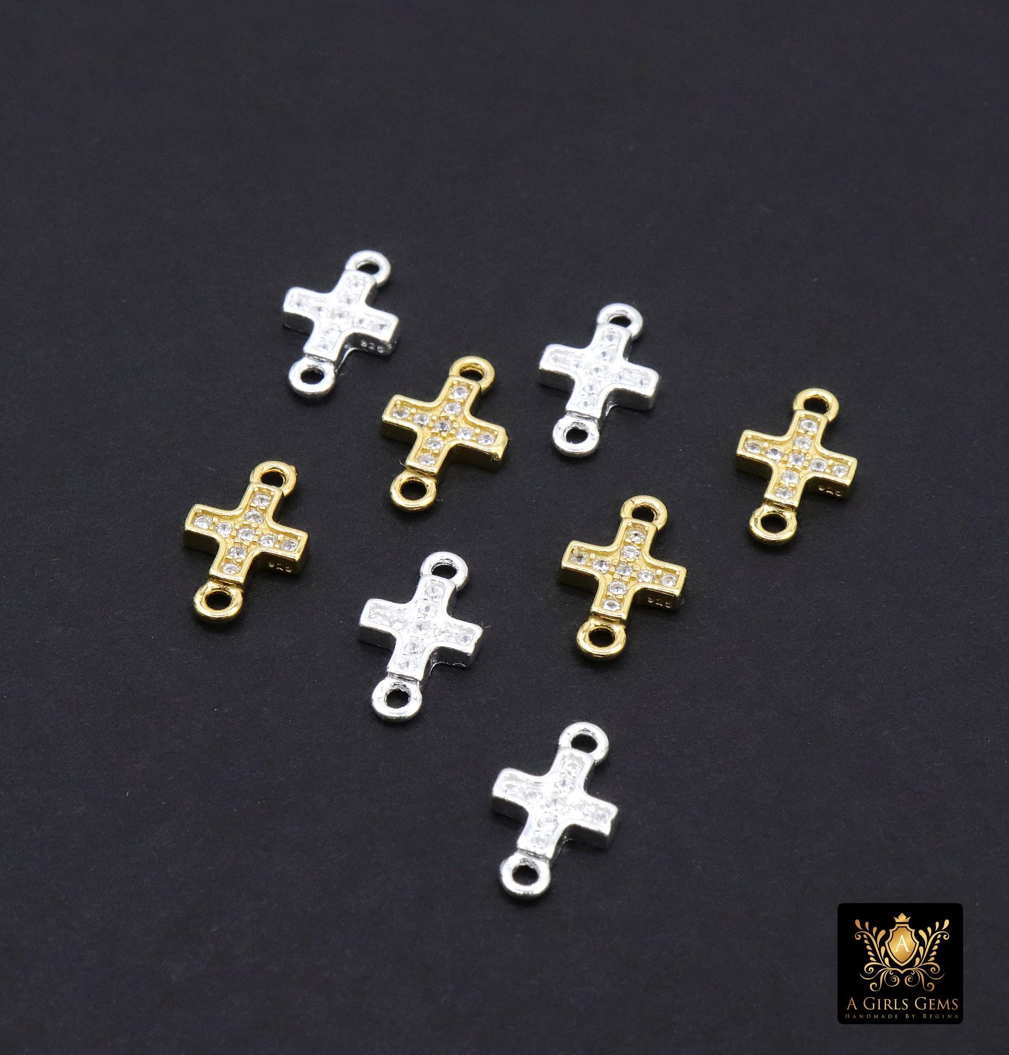 925 Sterling Silver Cross Connectors, 6 mm CZ Gold Over Silver Tiny Cubic Zirconia Crosses # 3682, Silver and Gold 10 mm Links