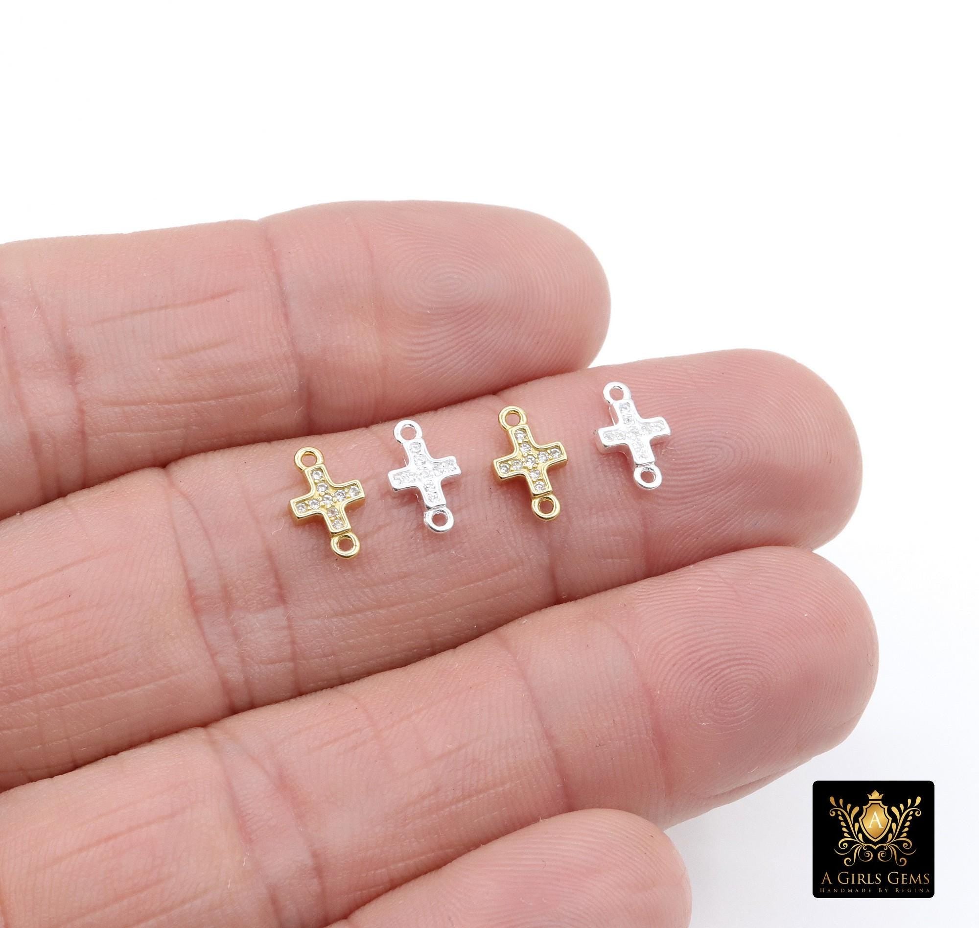 925 Sterling Silver Cross Connectors, 6 mm CZ Gold Over Silver Tiny Cubic Zirconia Crosses, Silver and Gold 10 mm 2 Hole Links