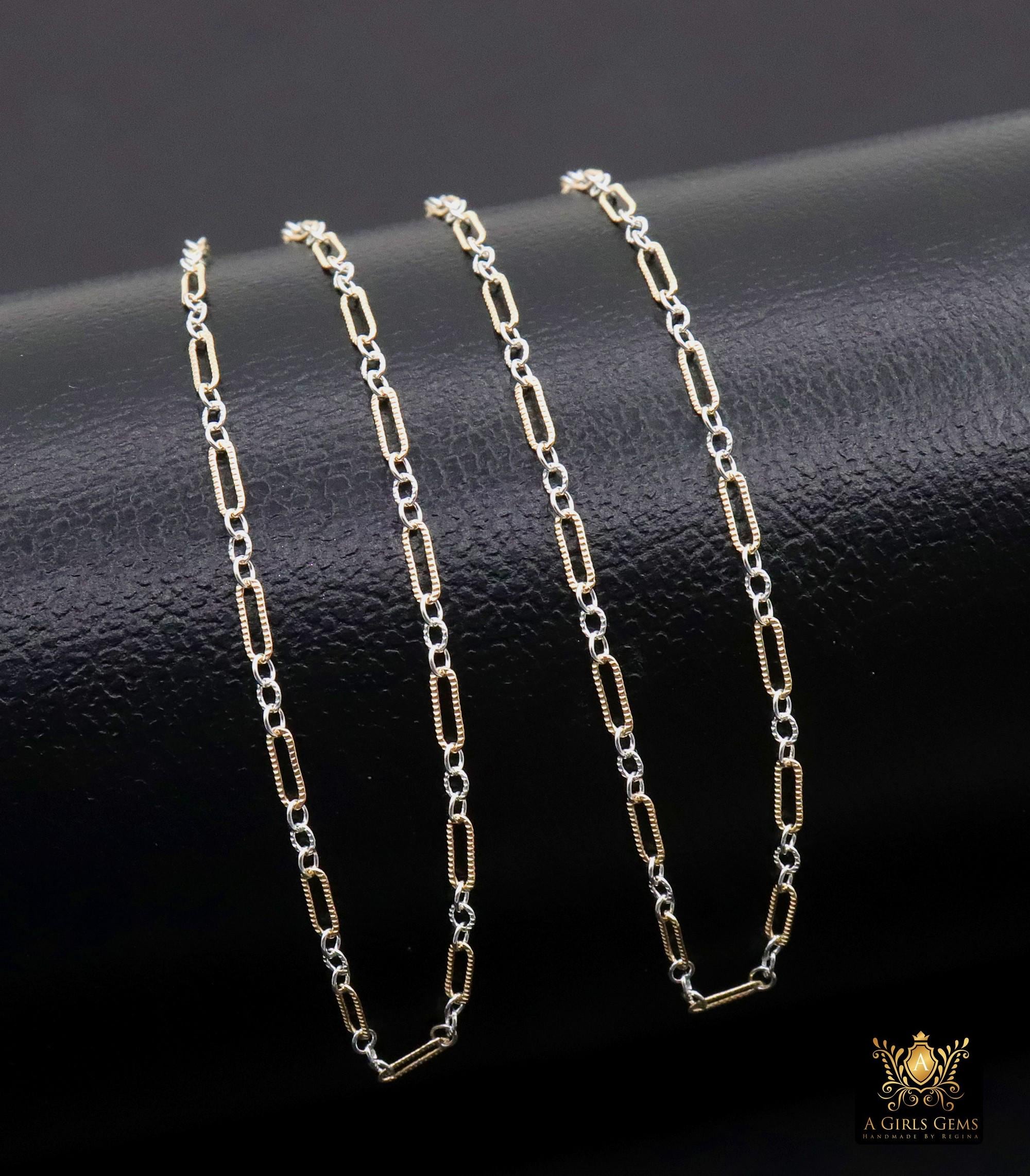 14 K Gold Filled Bar Mixed Metal Chain, 1.6 mm Corrugated Two Tone 925 Sterling Silver CH# 900, 4.8 mm Texture Long Short Chain, By the Foot