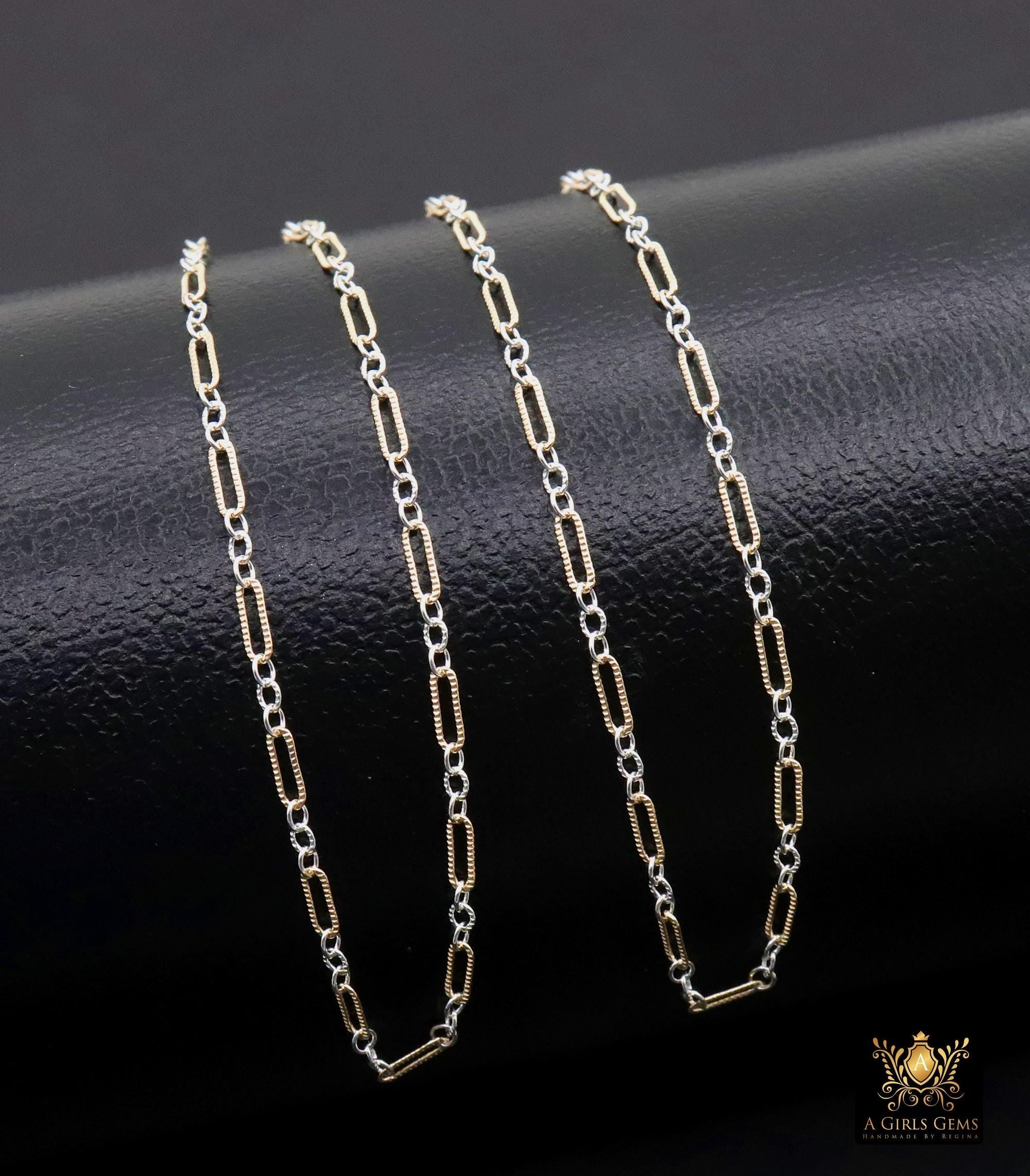 14 K Gold Filled Bar Mixed Metal Chain, 1.6 mm Corrugated Two Tone 925 Sterling Silver CH# 900, 4.8 mm Texture Long Short Chain