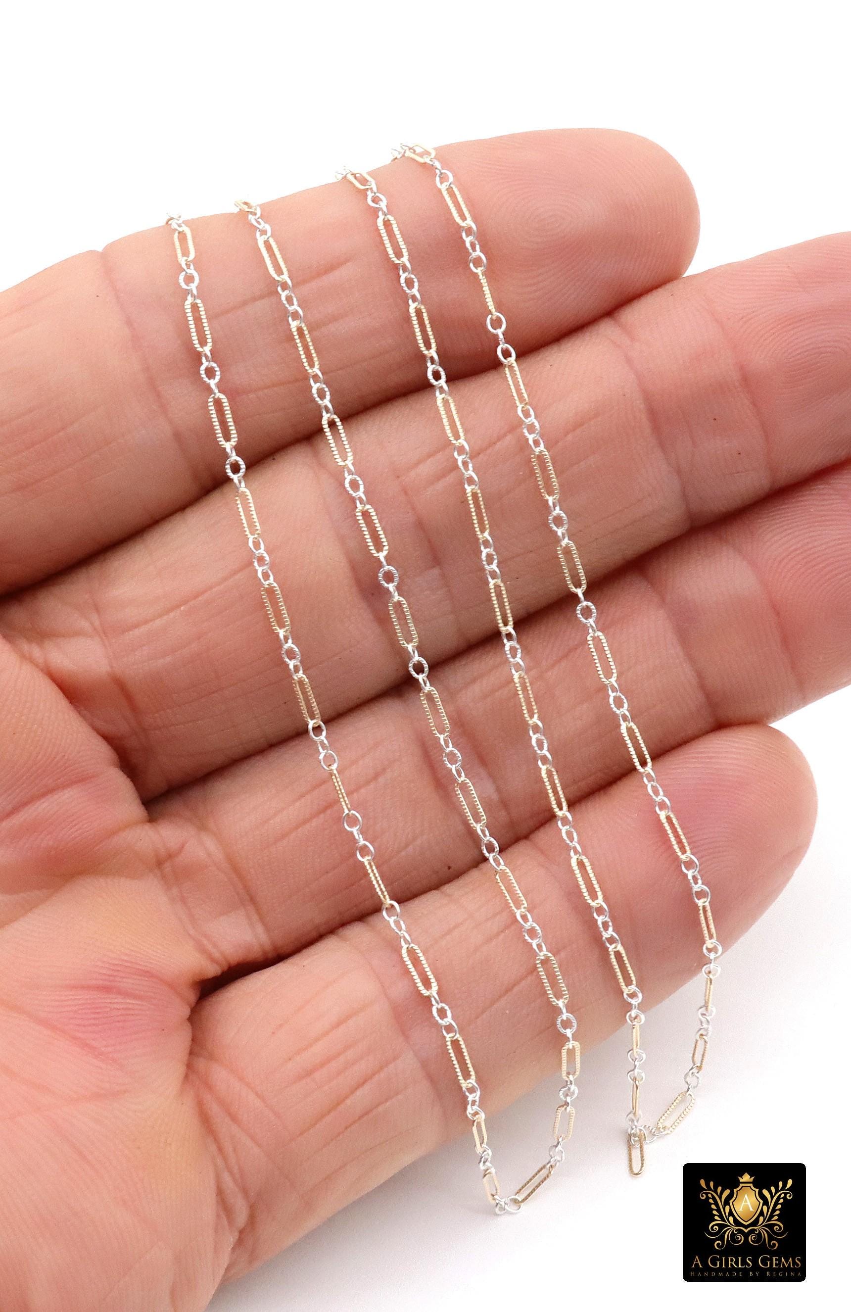 14 K Gold Filled Bar Mixed Metal Chain, 1.6 mm Corrugated Two Tone 925 Sterling Silver CH# 900, 4.8 mm Texture Long Short Chain, By the Foot