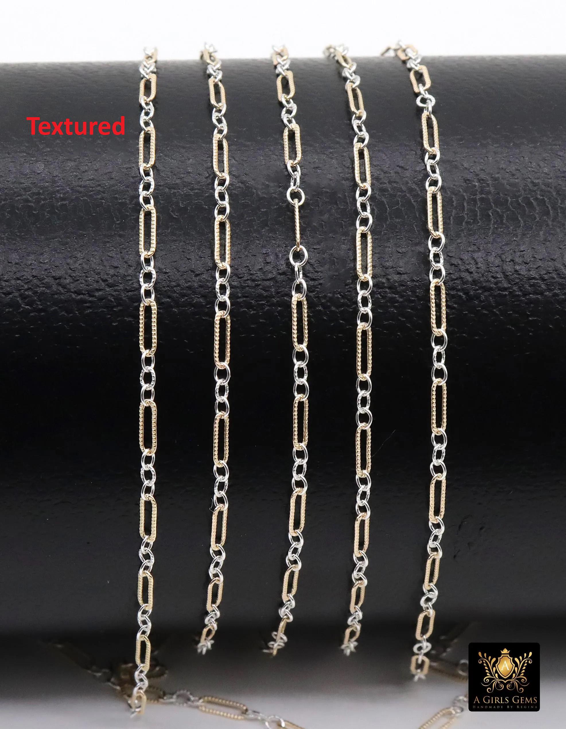 14 K Gold Filled Bar Mixed Metal Chain, 1.6 mm Two Tone 925 Sterling Silver Cable CH# 897, 4.8 mm or 6.5mm