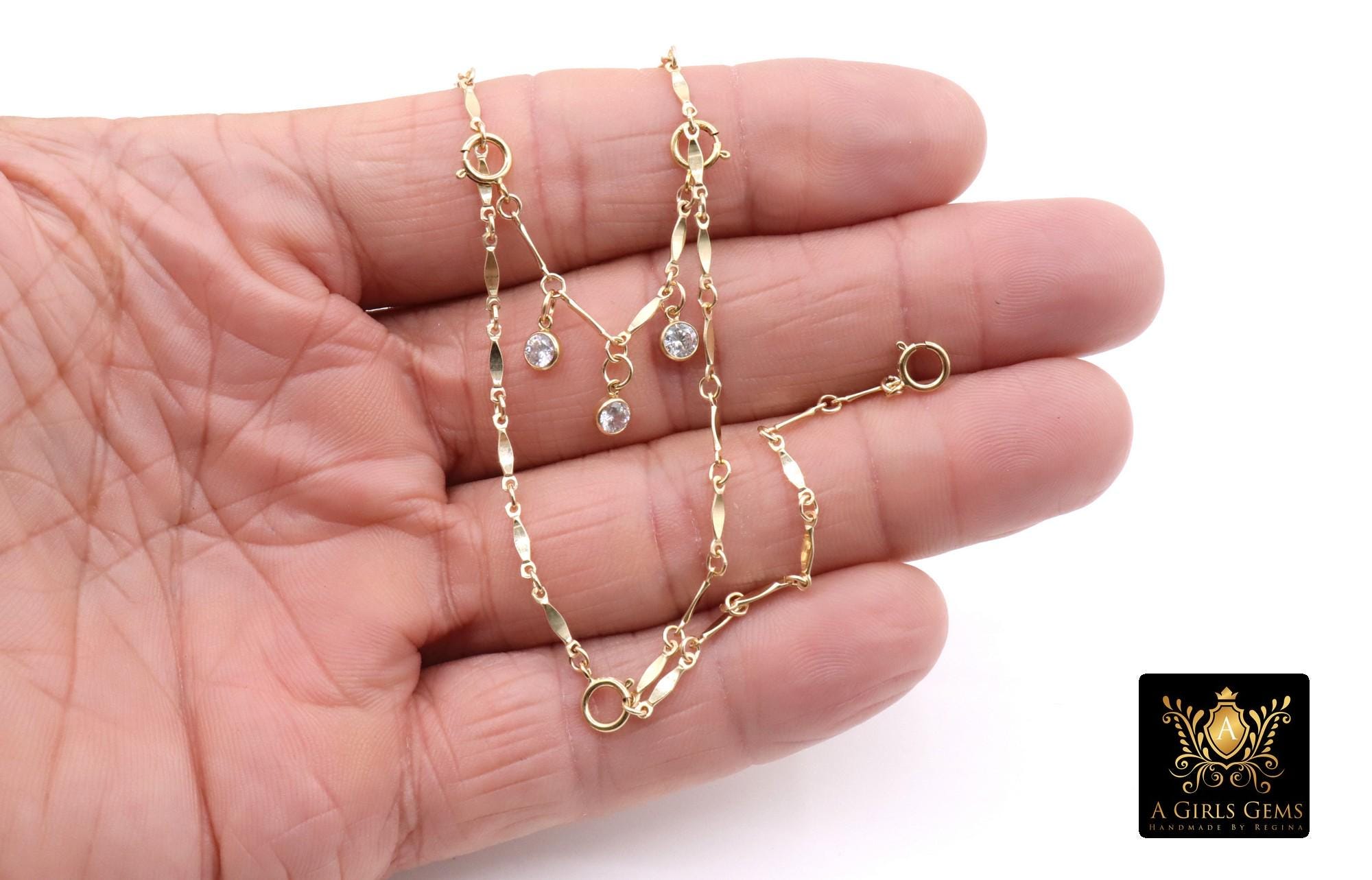 14 K Gold Filled Dap Bar Extender with Three 4 mm CZ Charms, 925 Sterling Silver Dap Bar Charms Extender Chains