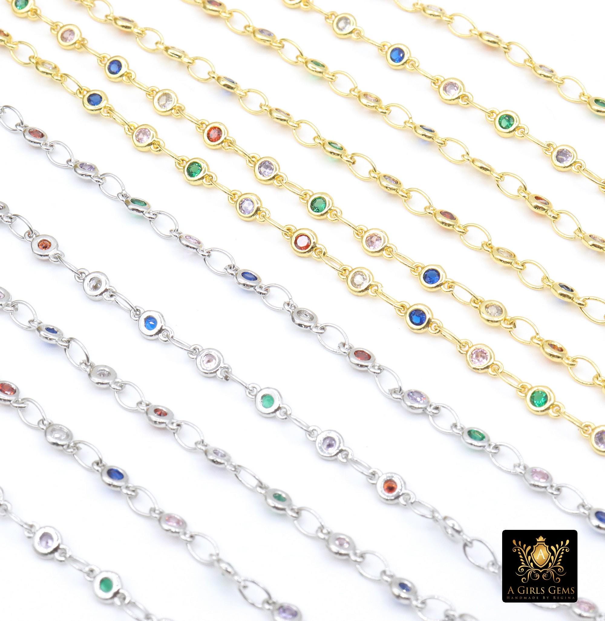 3mm Gold Mixed CZ Chain By The Yard, Silver Genuine Cubic Zirconia Chain CH# 560, By The Foot