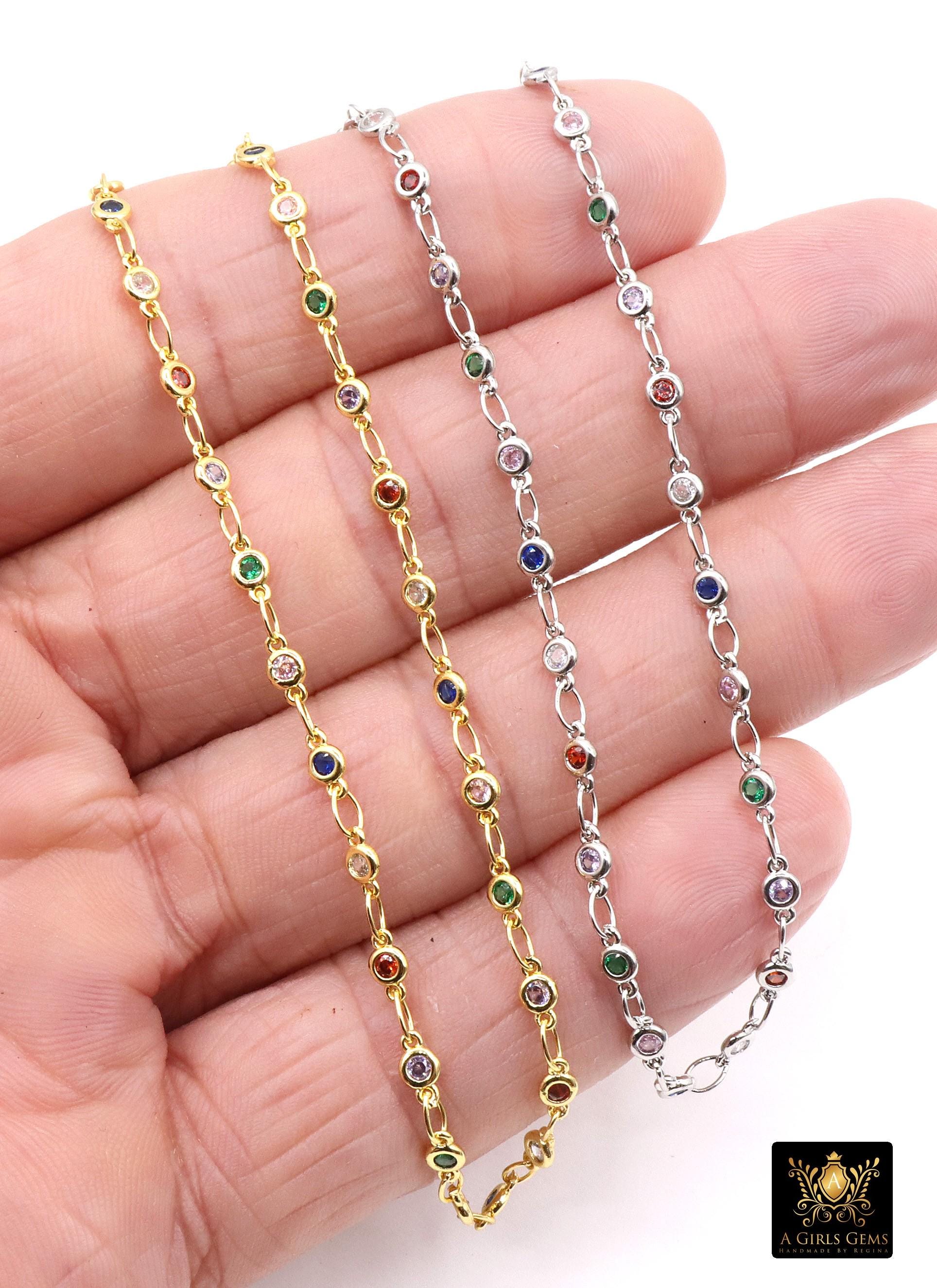 3 mm CZ Dainty Gold Chain, By The Foot, By The Yard, Silver Rainbow Mixed Cubic Zirconia, Rose Gold Chains