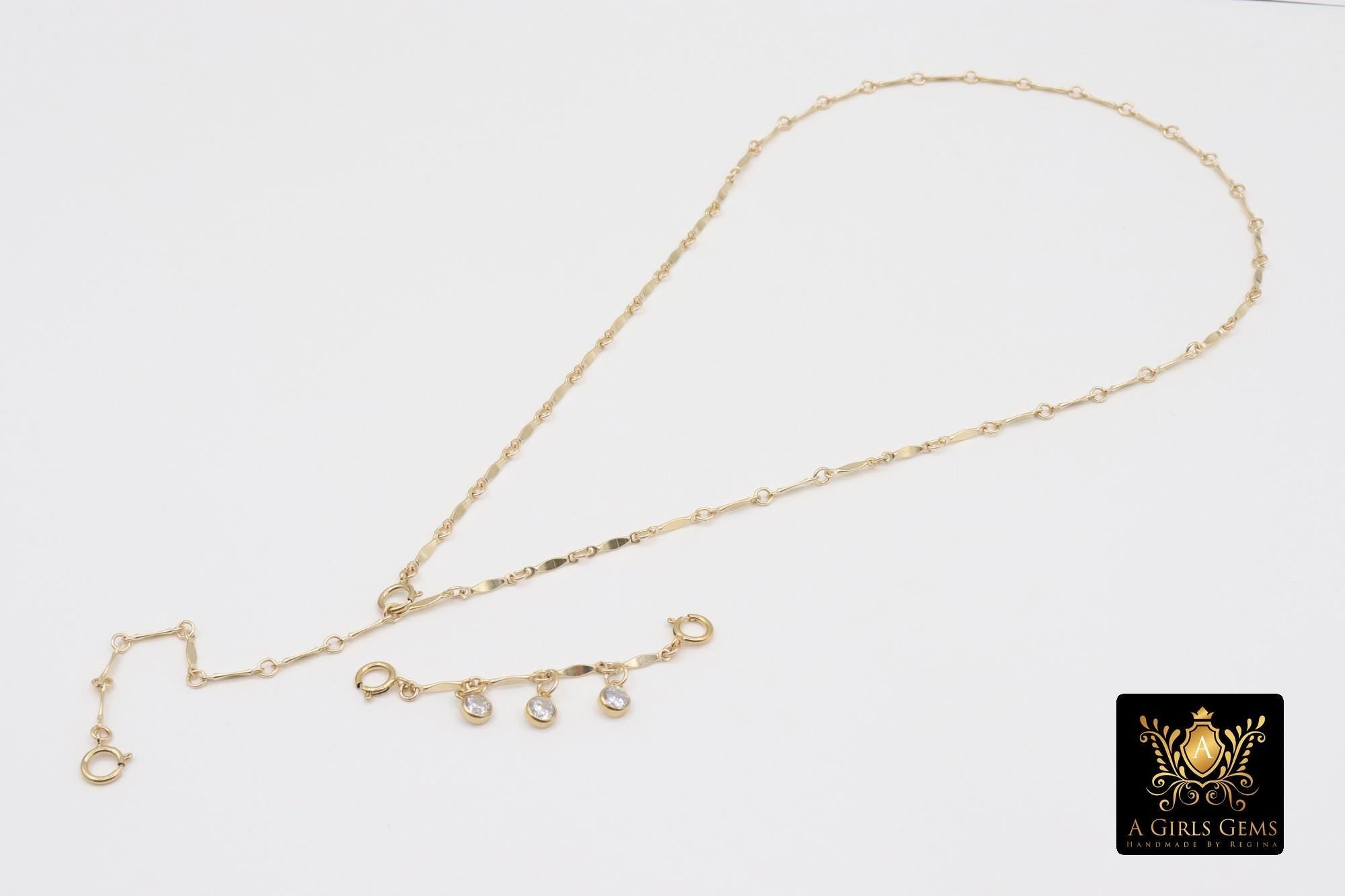 14 K Gold Filled Dap Bar Extender with Three 4 mm CZ Charms, 925 Sterling Silver Dap Bar Charms Extender Chains