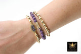 LSU Heishi Beaded Bracelet, 6 mm Purple Druzy Gold Stretchy Bracelet # 795, Rondelle Heishi Tigers Charm Bracelet