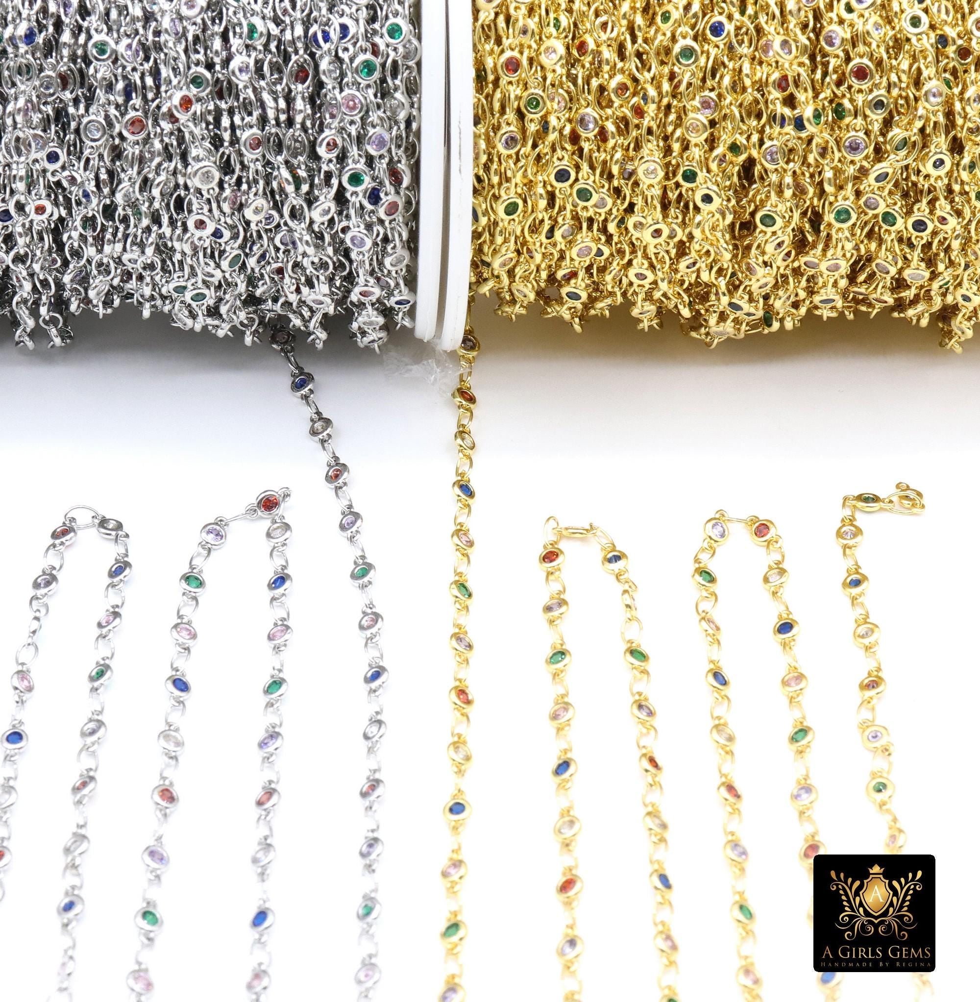 3mm Gold Mixed CZ Chain By The Yard, Silver Genuine Cubic Zirconia Chain CH# 560, By The Foot