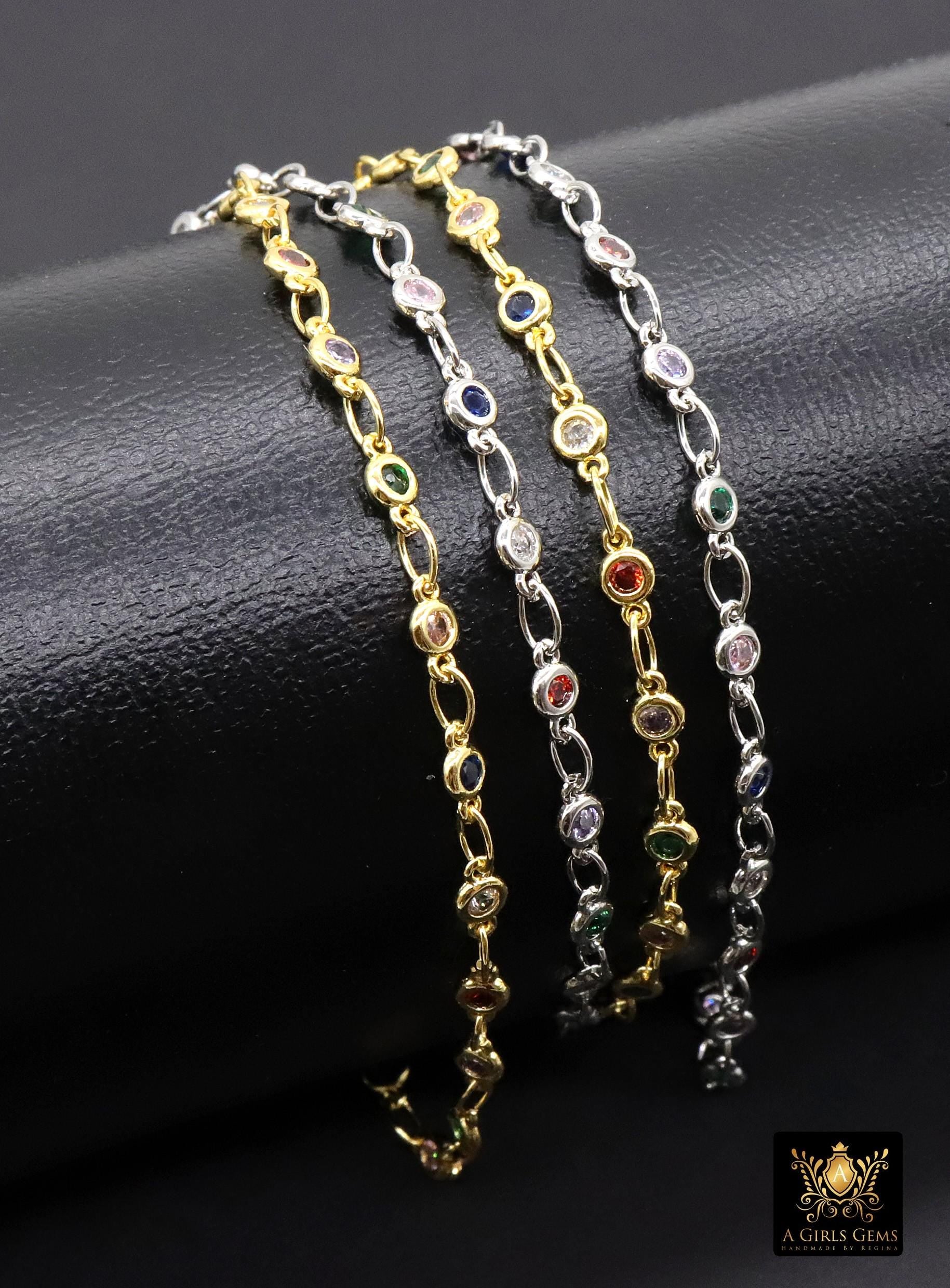 3mm Gold Mixed CZ Chain By The Yard, Silver Genuine Cubic Zirconia Chain CH# 560, By The Foot