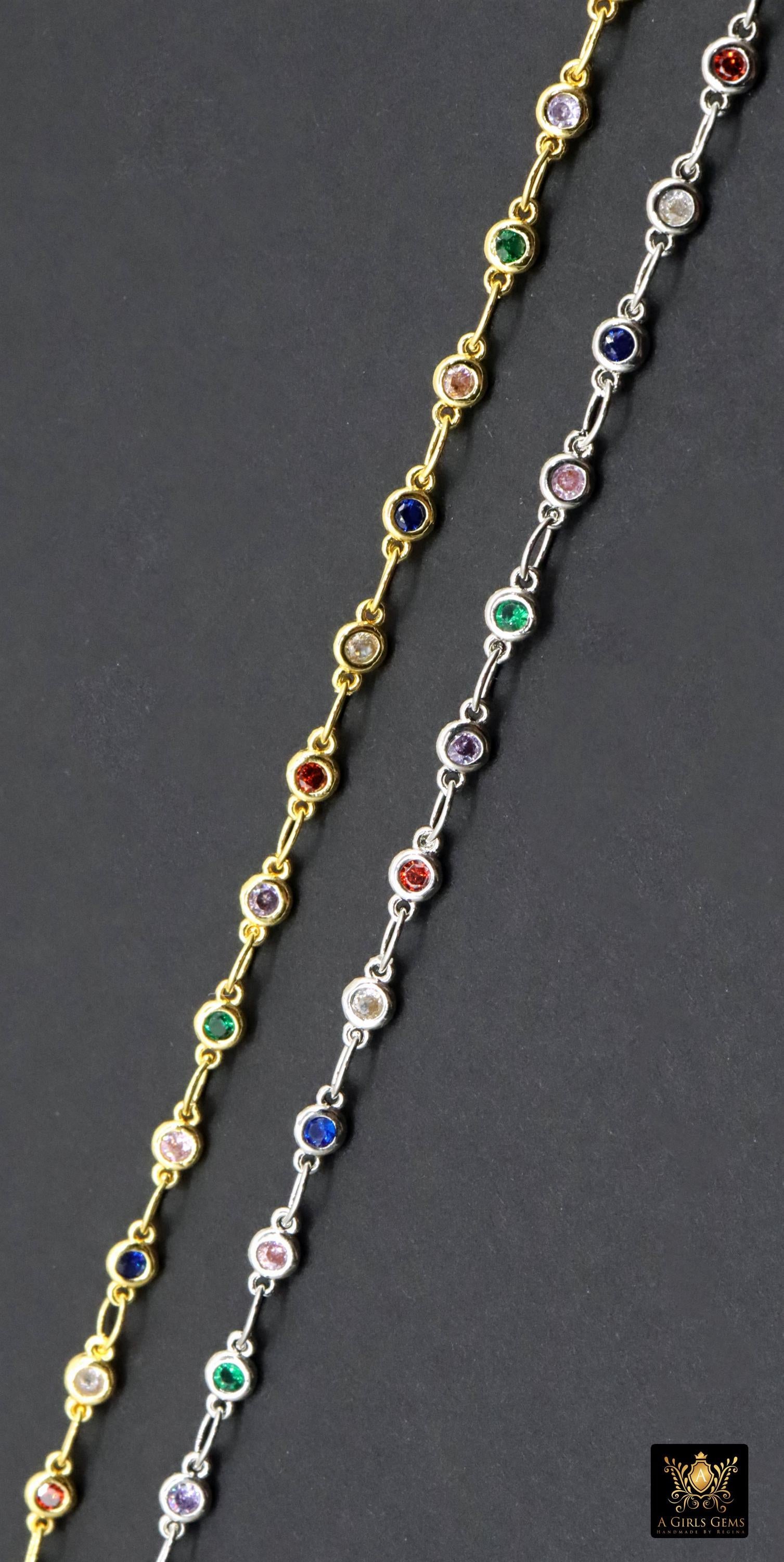 3mm Gold Mixed CZ Chain By The Yard, Silver Genuine Cubic Zirconia Chain CH# 560, By The Foot