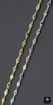 3 mm Gold Mixed CZ Chain By The Yard, Silver Genuine Cubic Zirconia Chain CH# 560, By The Foot
