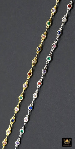 3 mm CZ Dainty Gold Chain, By The Foot, By The Yard, Silver Rainbow Mixed Cubic Zirconia, Rose Gold Chains
