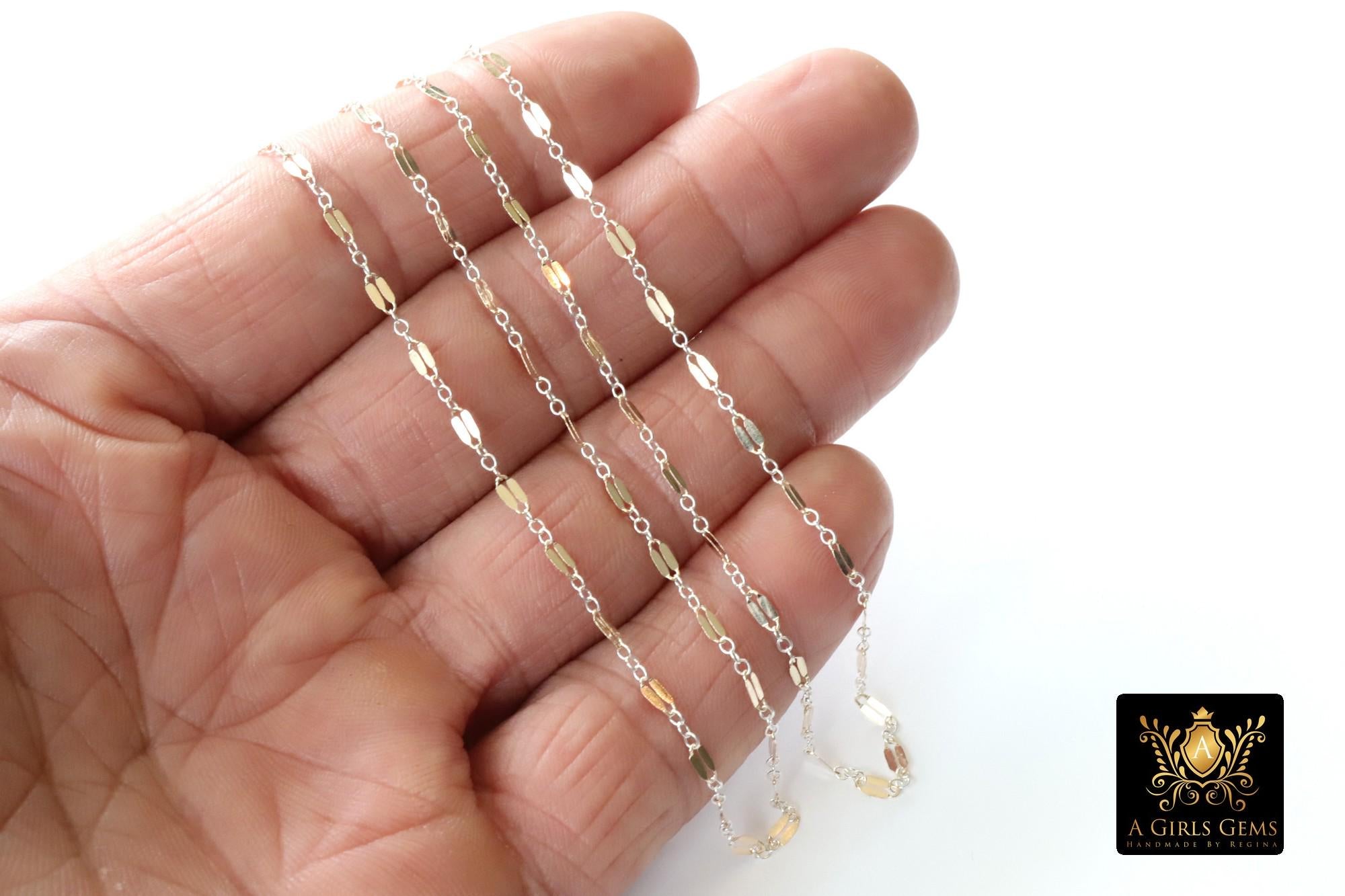 14 K Gold Filled Bar Mixed Metal Chain, 5.1 mm Two Tone 925 Sterling Silver Long and Short CH# 951, 2.3 mm Sequin Chain, By The Foot