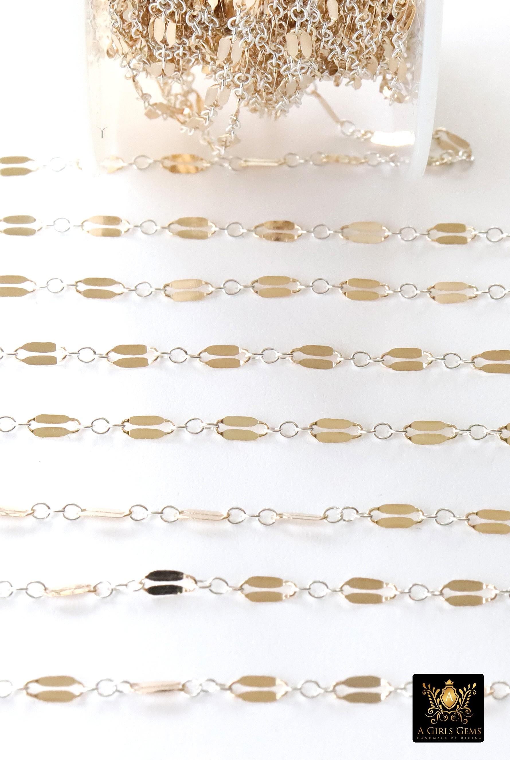 14 K Gold Filled Bar Mixed Metal Chain, 5.1 mm Two Tone 925 Sterling Silver Long and Short CH# 951, 2.3 mm Sequin Chain, By The Foot