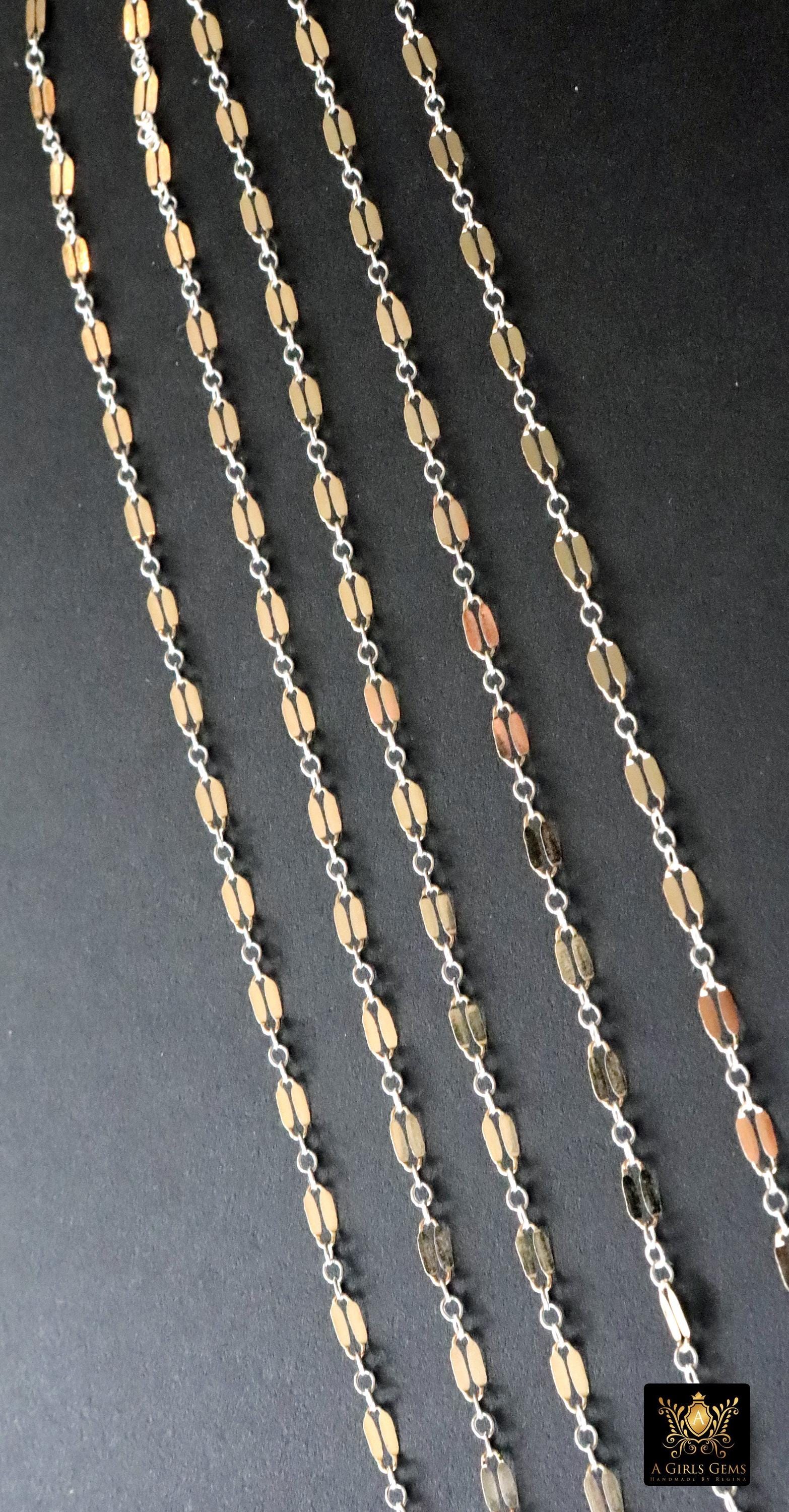 14 K Gold Filled Bar Mixed Metal Chain, 5.1 mm Two Tone 925 Sterling Silver Long and Short CH# 951, 2.3 mm Sequin Chain, By The Foot