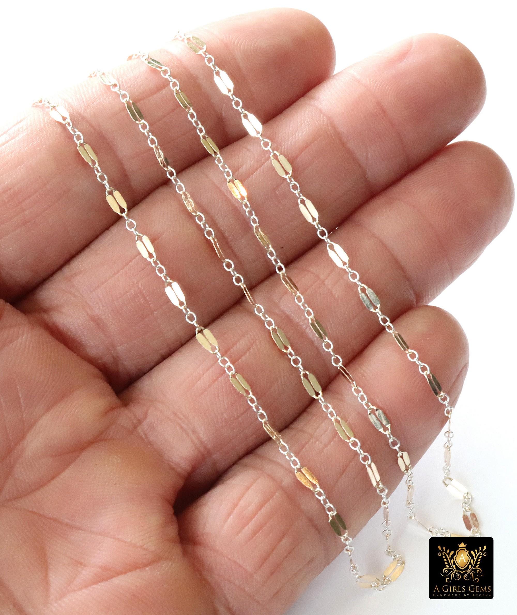 14 K Gold Filled Bar Mixed Metal Chain, 5.1 mm Two Tone 925 Sterling Silver Long and Short, 2.3 mm Sequin Chain, By The Foot