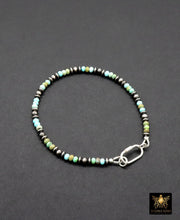 Blue Turquoise Beaded Gemstone Bracelet, 925 Sterling Silver Carabiner Beaded Bracelet, Navajo Pearl Oxidized Handmade Stacking Bracelet