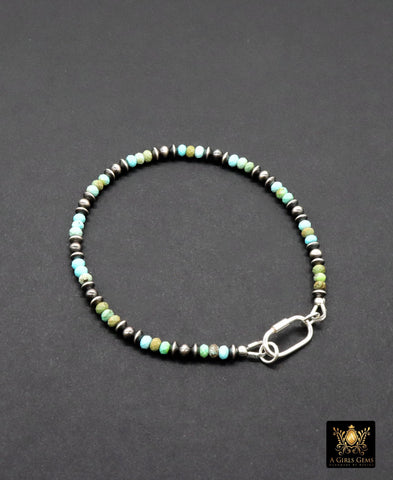 Blue Turquoise Beaded Gemstone Bracelet, 925 Sterling Silver Carabiner Beaded Bracelet, Navajo Pearl Oxidized Handmade Stacking Bracelet