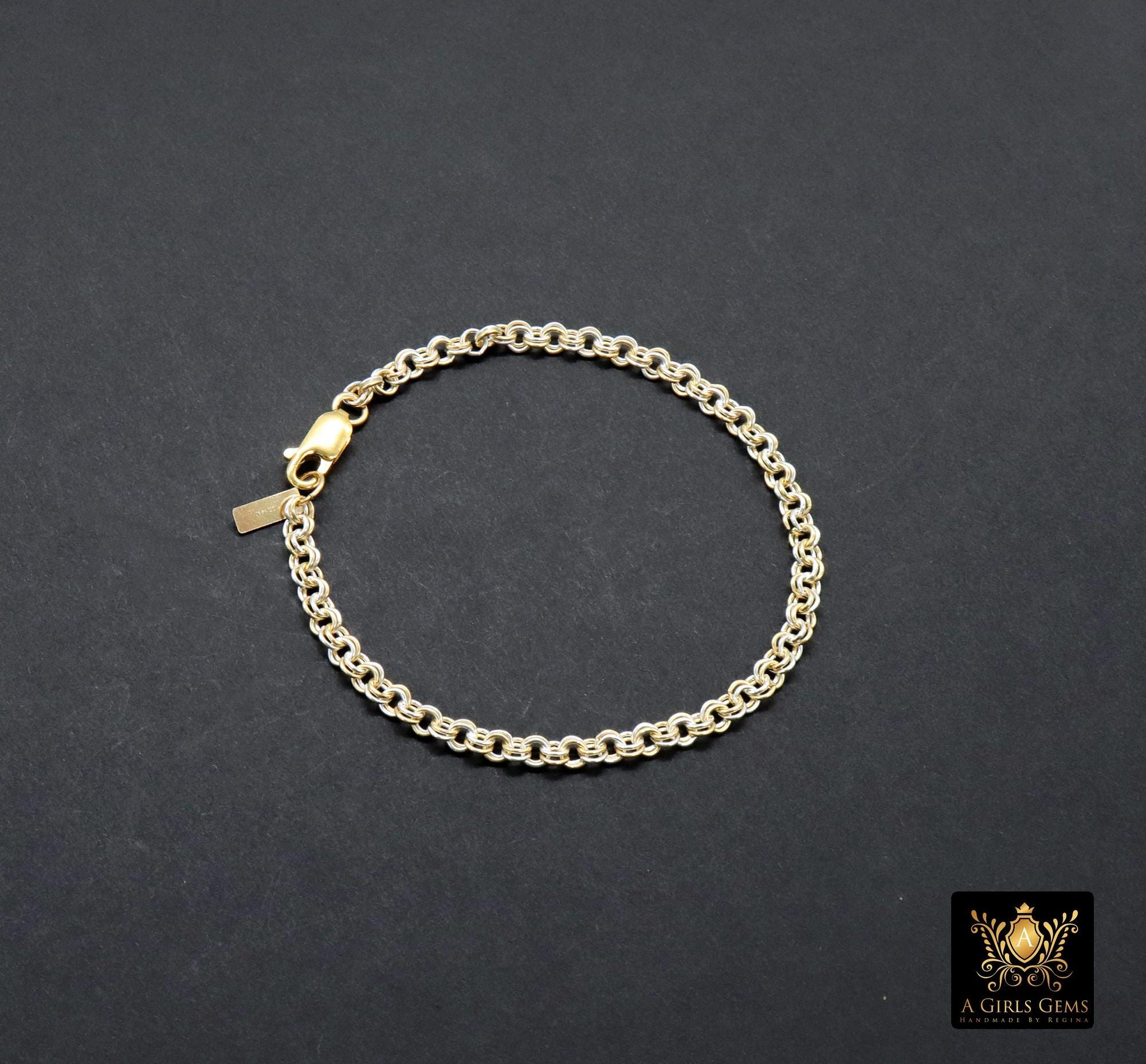 14 K Gold Filled Double Rolo Chain Link Bracelet, 925 Sterling Silver Two Tone Mixed Metal Link Charm Bracelet, Large Lobster, Waterproof