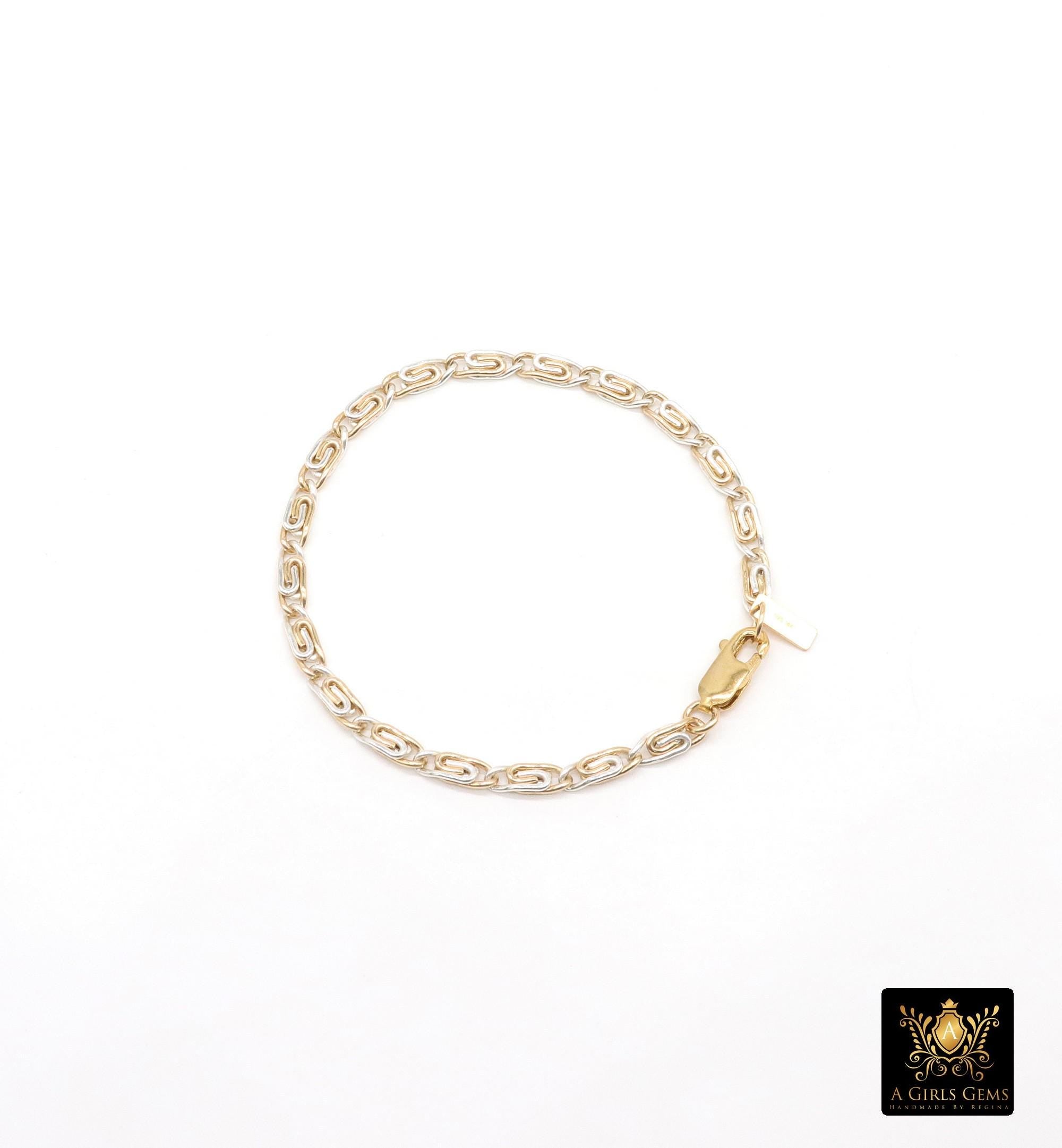 14 K Gold Filled Paperclip Chain Link Bracelet, 925 Sterling Silver Two Tone Mixed Metal Oval Gold Link Bracelet, Large Lobster, Waterproof