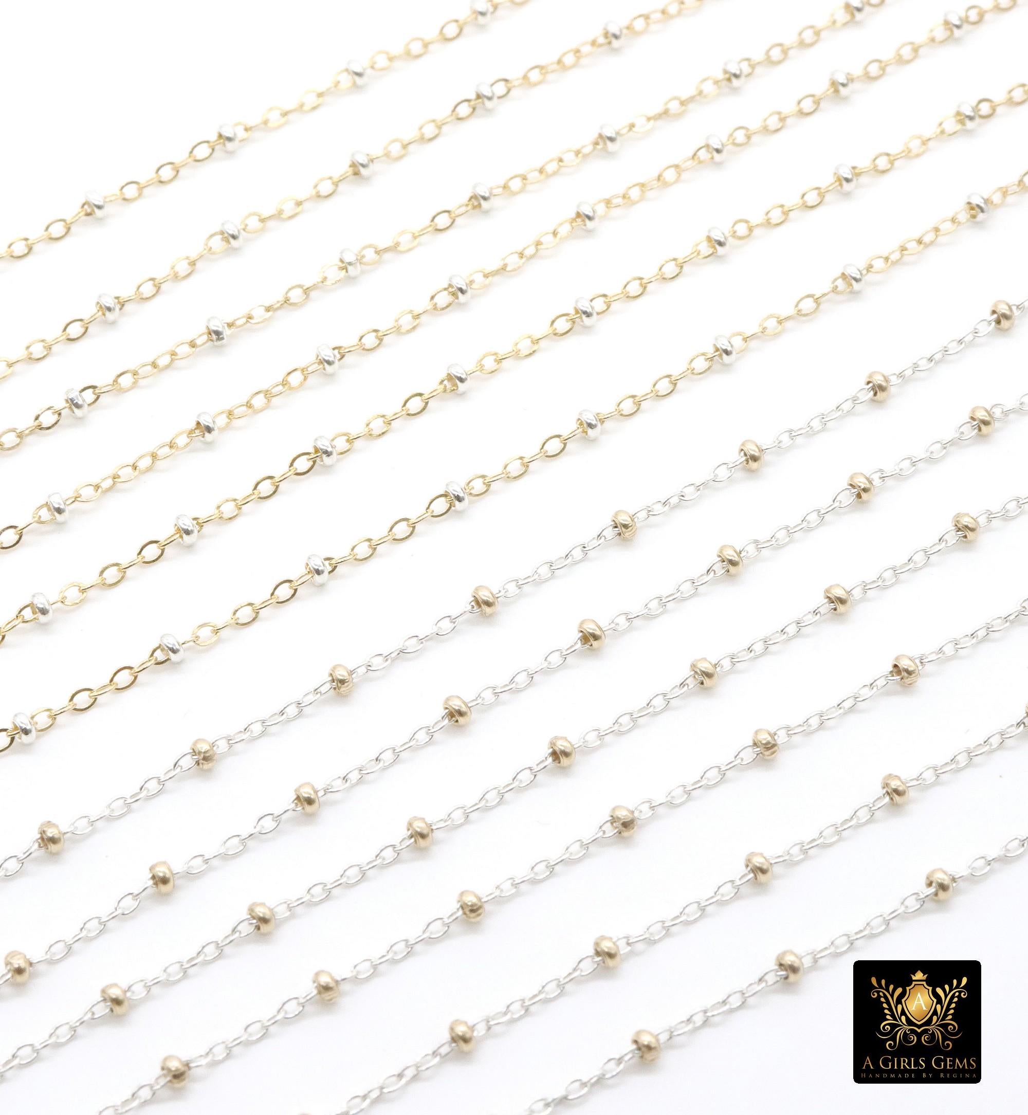 14 K Gold Filled Two Tone Satellite Chains, 925 Sterling Silver Mixed Metal 2.3 mm Rondelle Beads CH# 893, 1.4 mm Cable Chains CH# 898