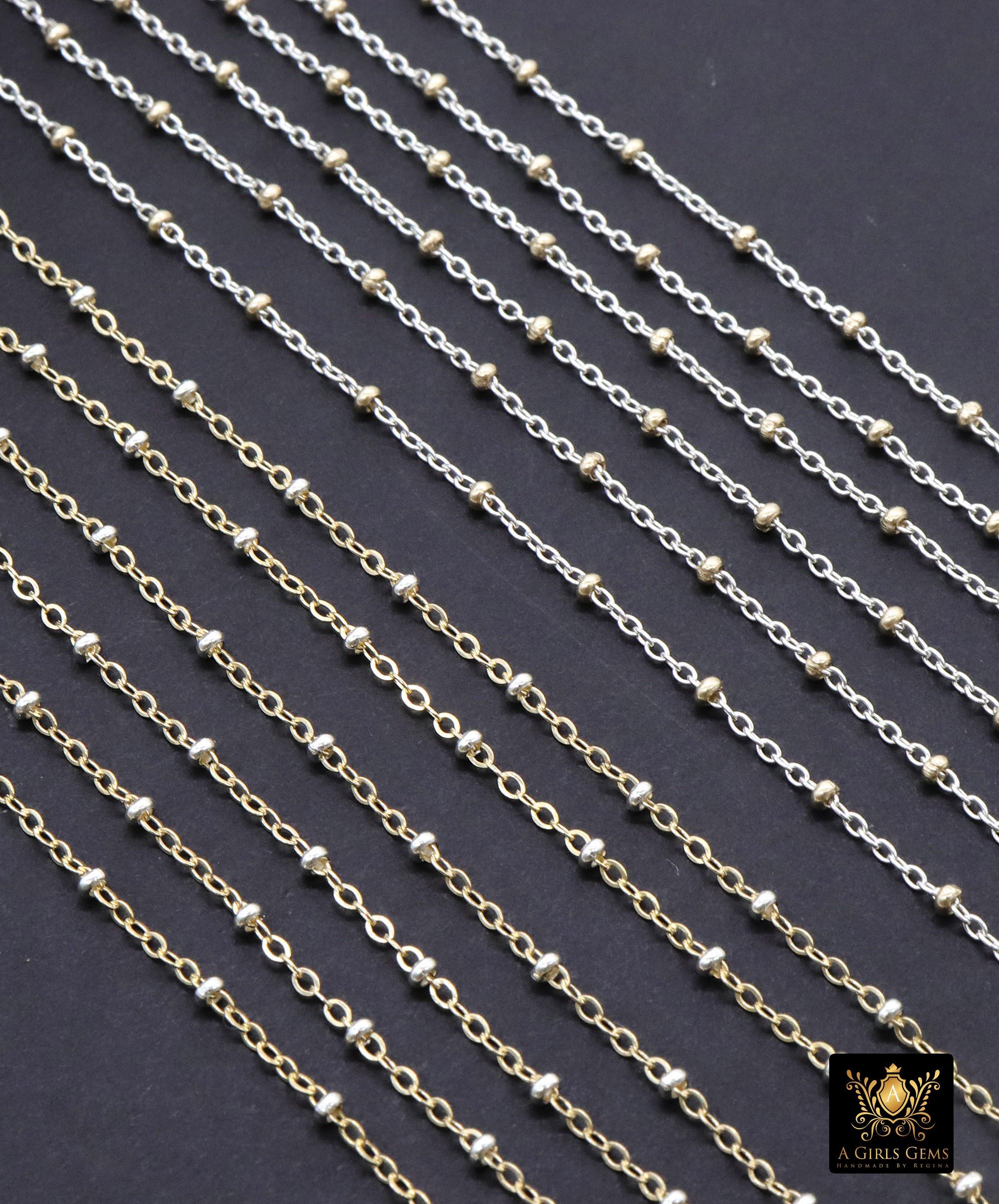 14 K Gold Filled Two Tone Satellite Chains, 925 Sterling Silver Mixed Metal 2.3 mm Rondelle Beads CH# 893, 1.4 mm Cable Chains CH# 898
