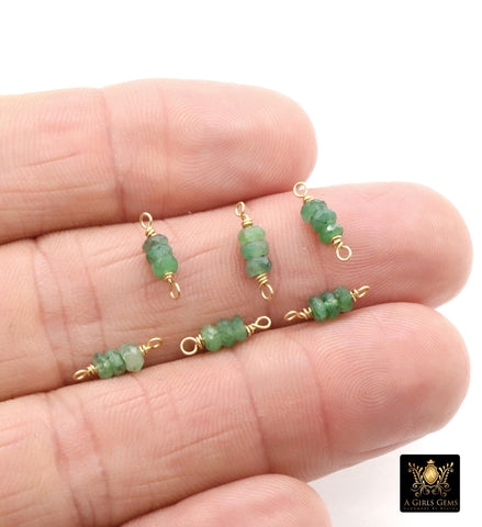 14 K Gold Wire Wrapped Emerald Connectors, 3 Beads Gemstone Faceted Links # 3598, Permanent Jewelry, Natural Green Gemstones