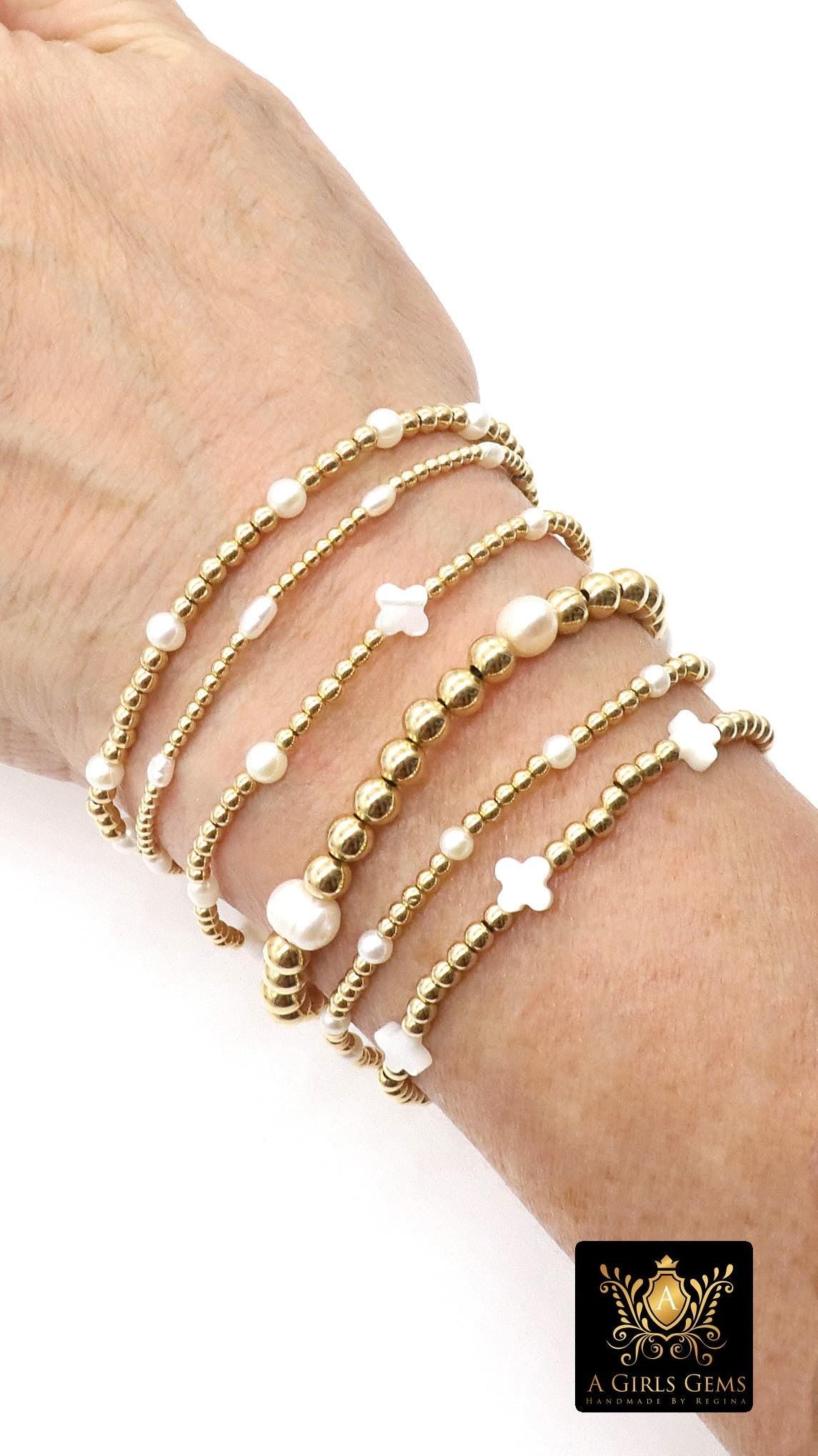 14 K Gold Filled Beaded White Connectors, Long Beaded Grade 5 Pearl and Gemstone Links # 3618, Permanent Jewelry Clover Half Bracelets