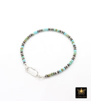 Blue Turquoise Beaded Gemstone Bracelet, 925 Sterling Silver Carabiner Beaded Bracelet, Navajo Pearl Oxidized Handmade Stacking Bracelet